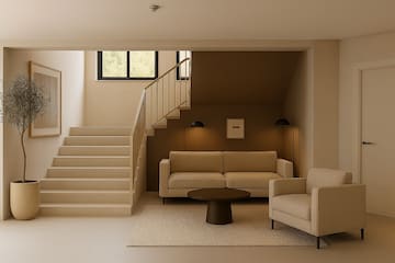 a living room with stairs and couches