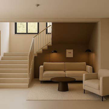 a living room with stairs and couches