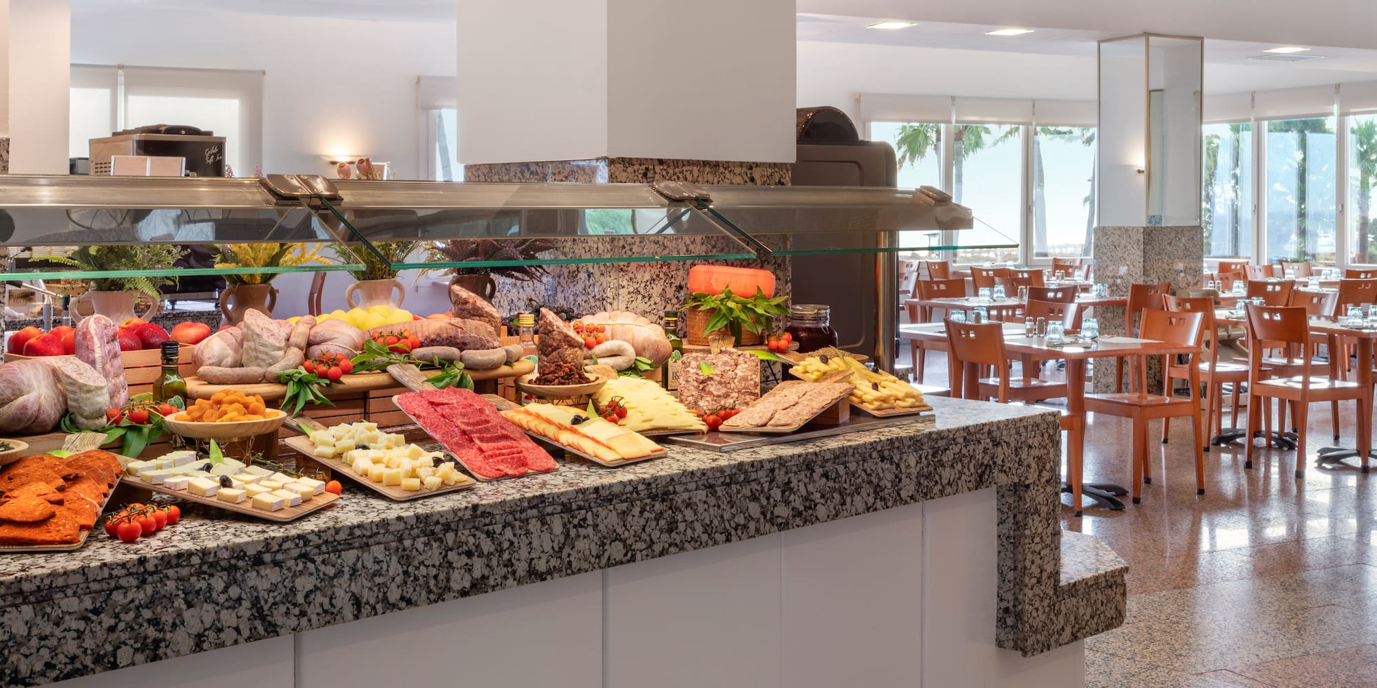 a buffet with food on it