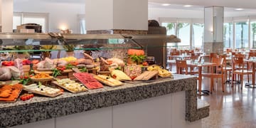 a buffet with food on it