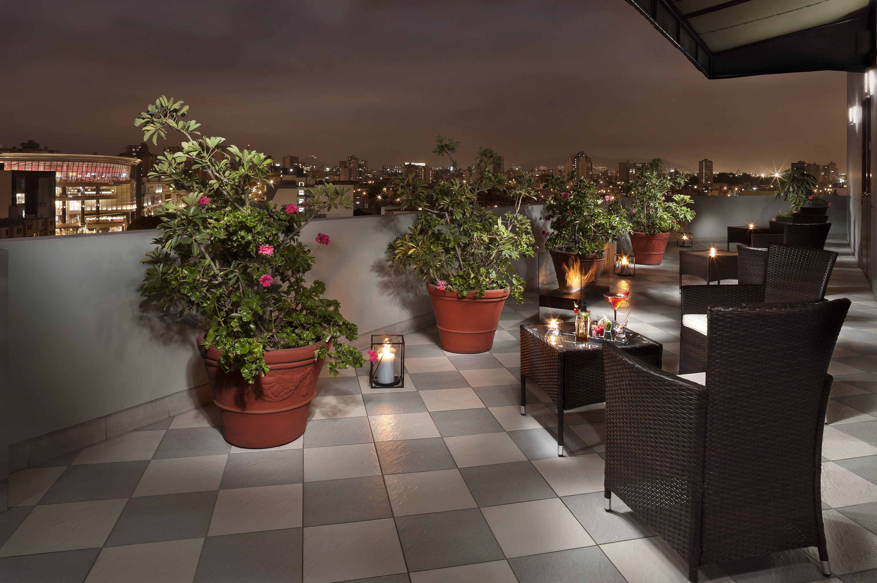 Rooftop lounge terrace at night with city view, potted plants, and cocktails.