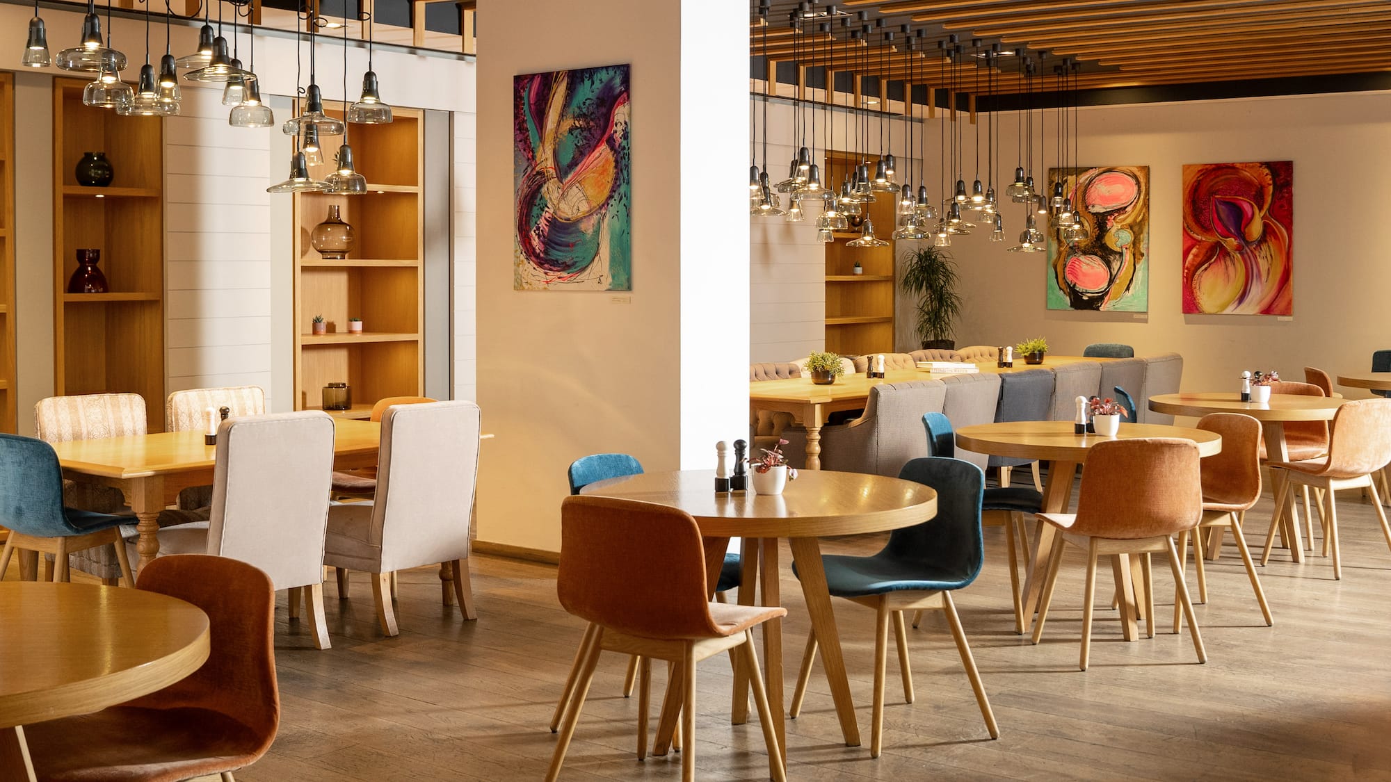 a room with tables and chairs