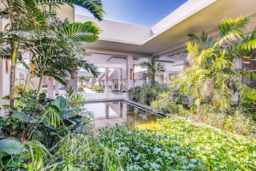 a pool with plants around it