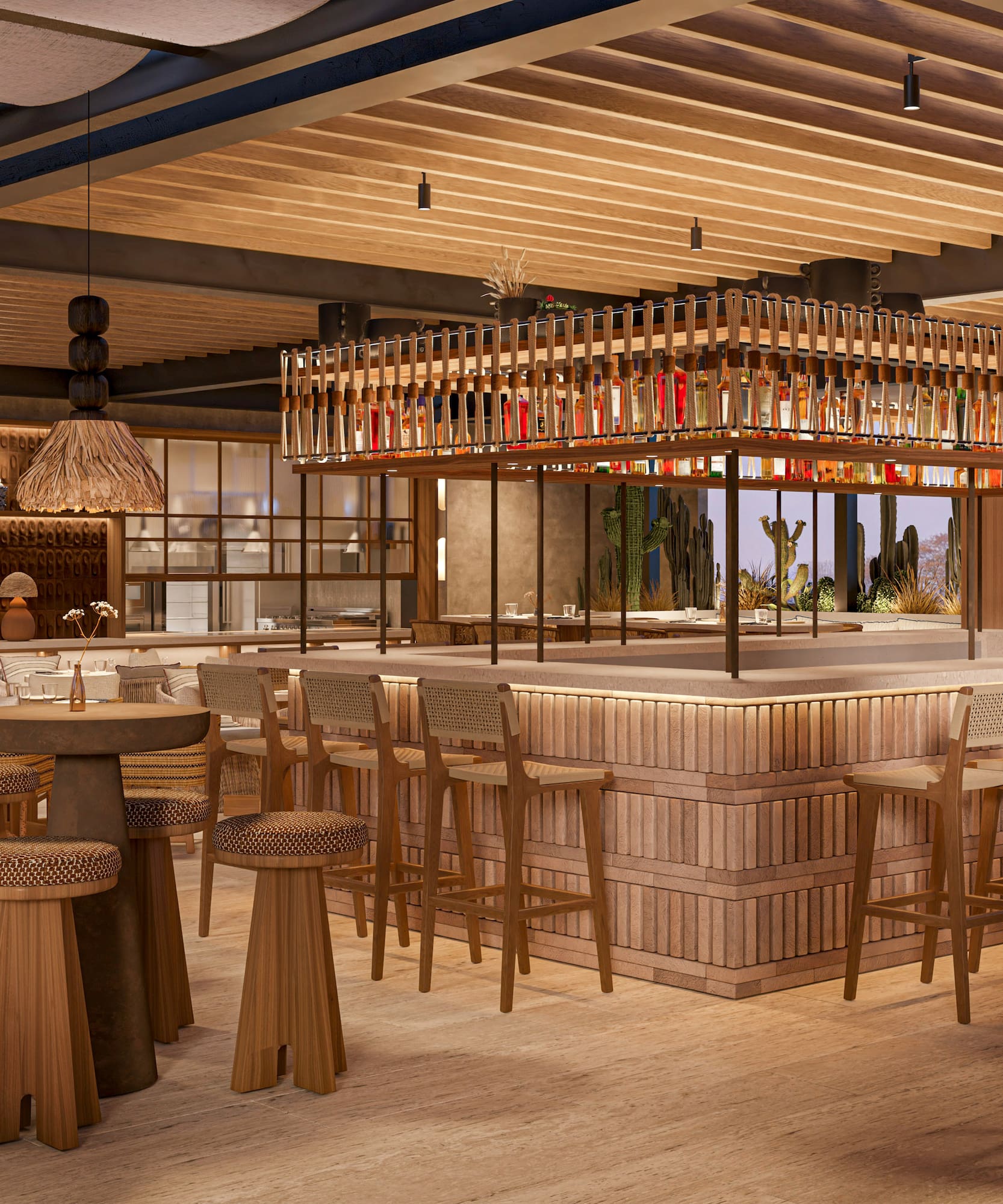 Modern restaurant bar with wood and woven textures, surrounded by cacti.