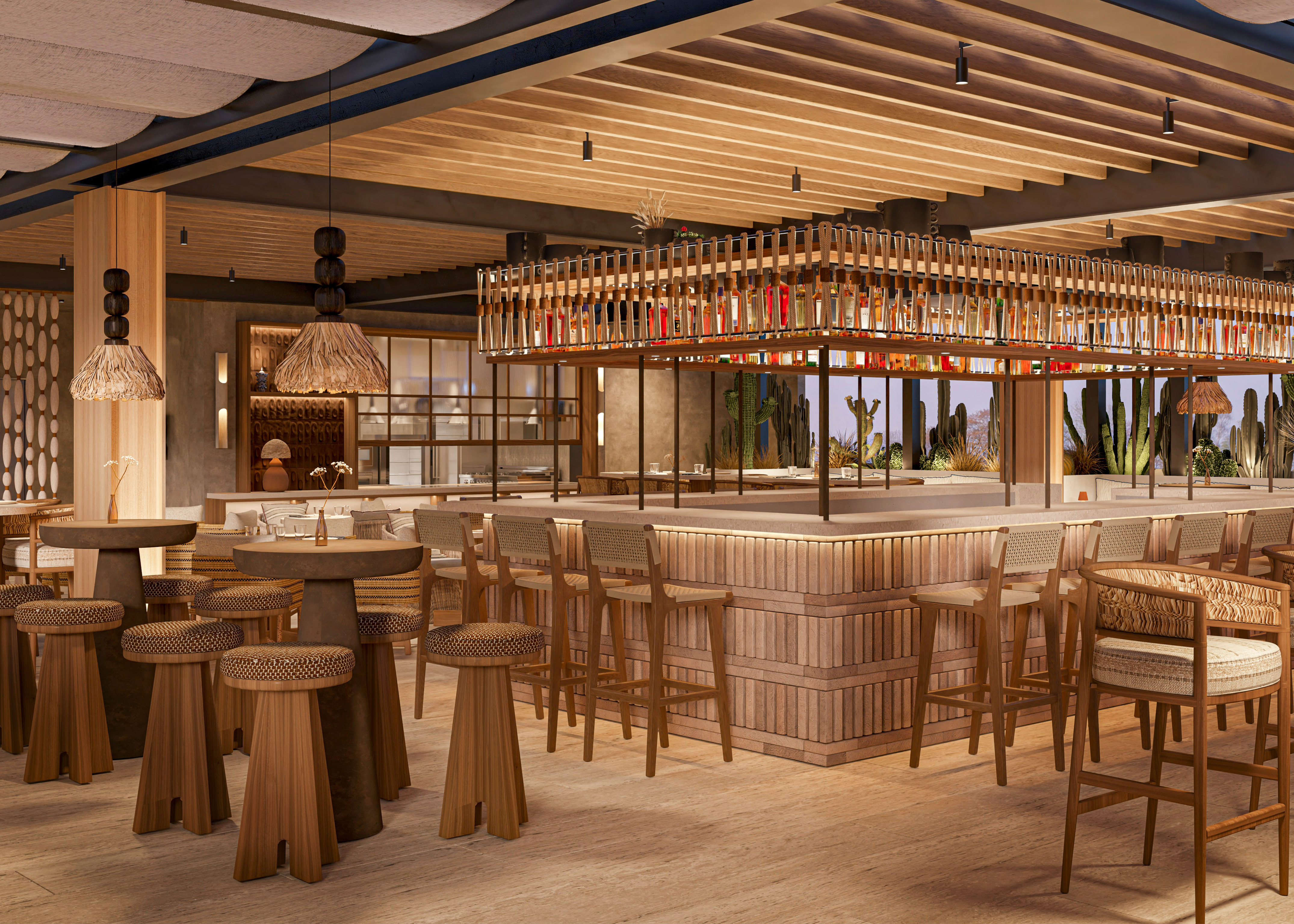 Modern restaurant bar with wood and woven textures, surrounded by cacti.