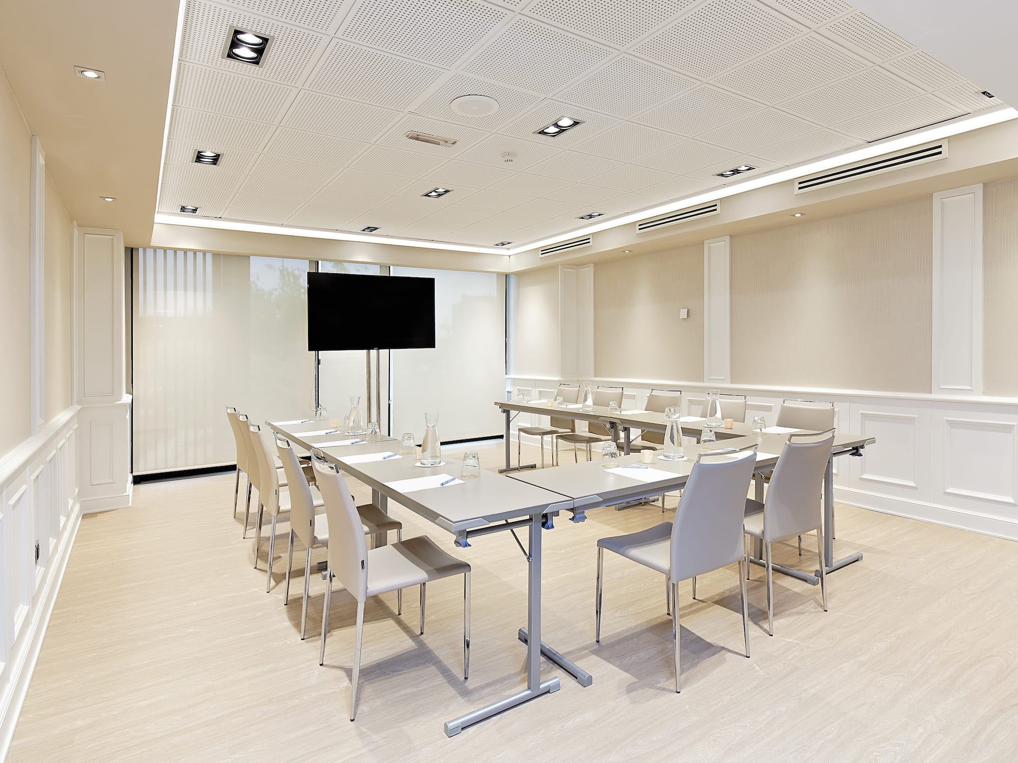 a room with a table and chairs