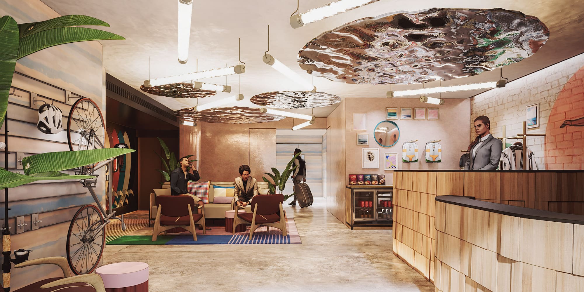 a lobby with people in chairs and a table