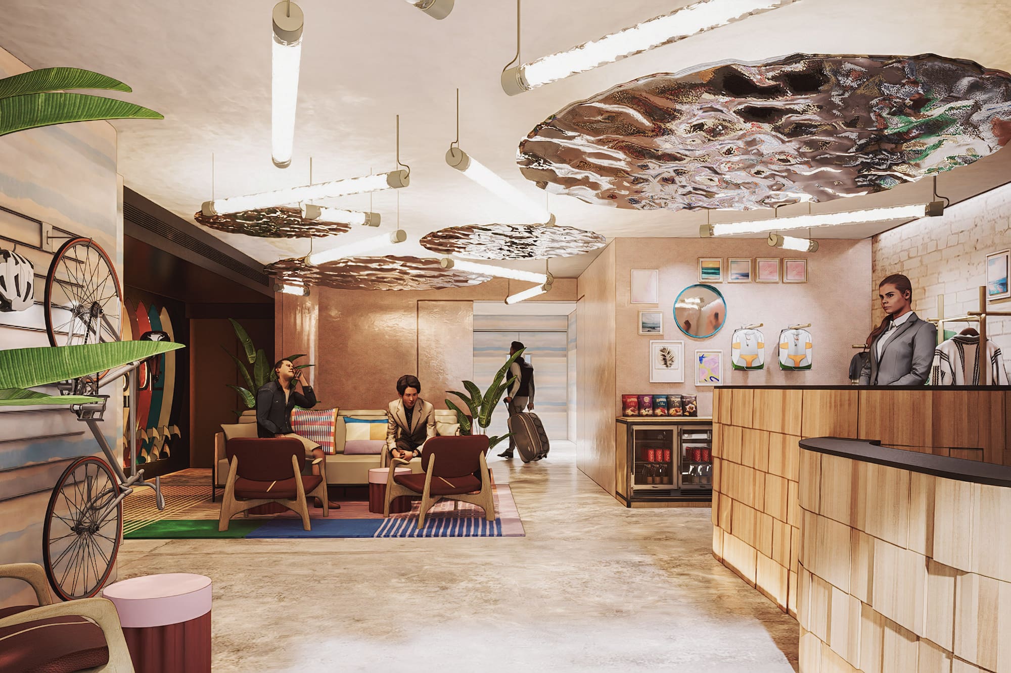 Chic hotel lobby with reception, lounge seating, and unique surf-themed decor.