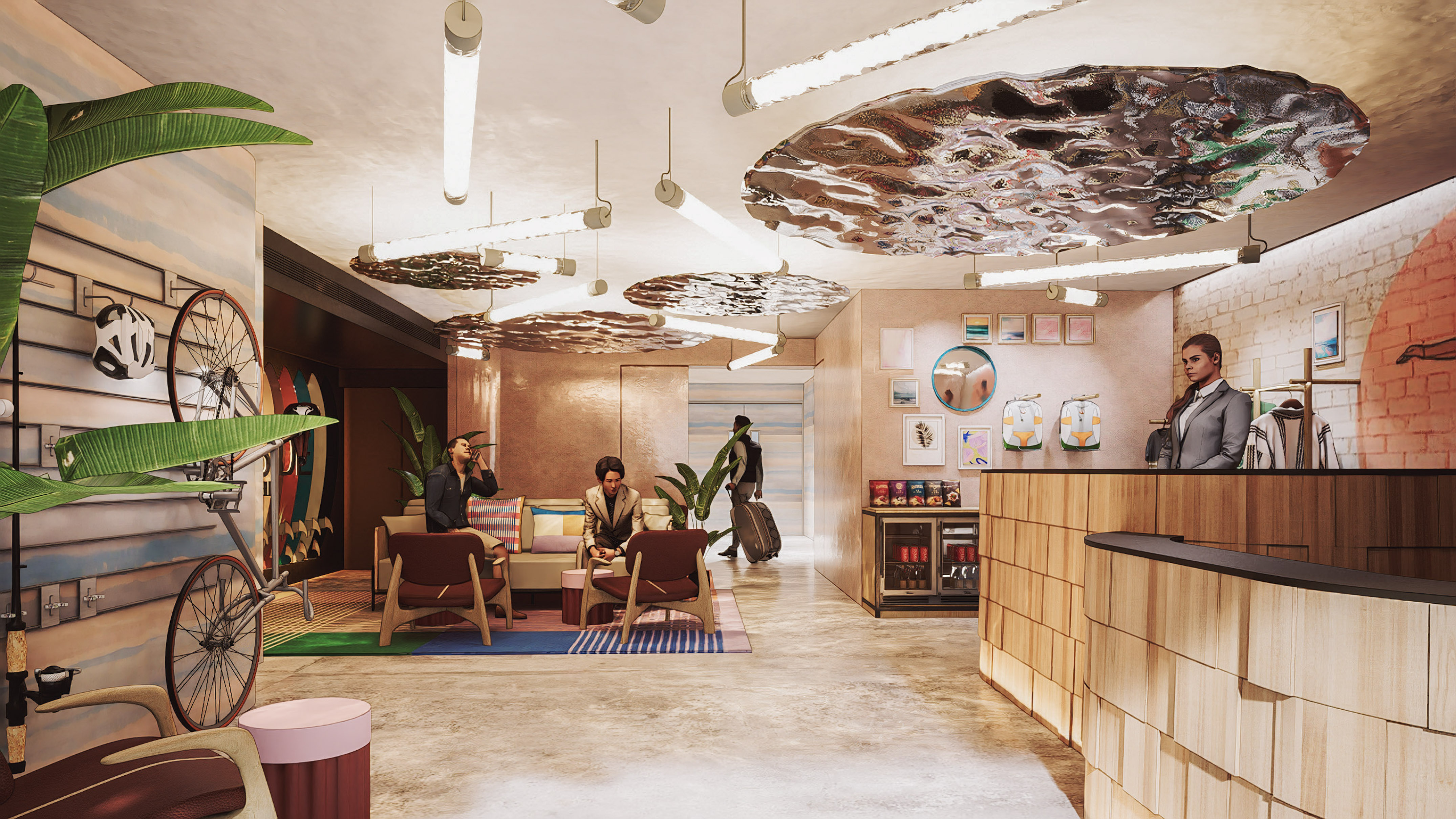 a lobby with people in chairs and a table