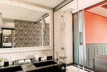 a bathroom with a mirror and a sink