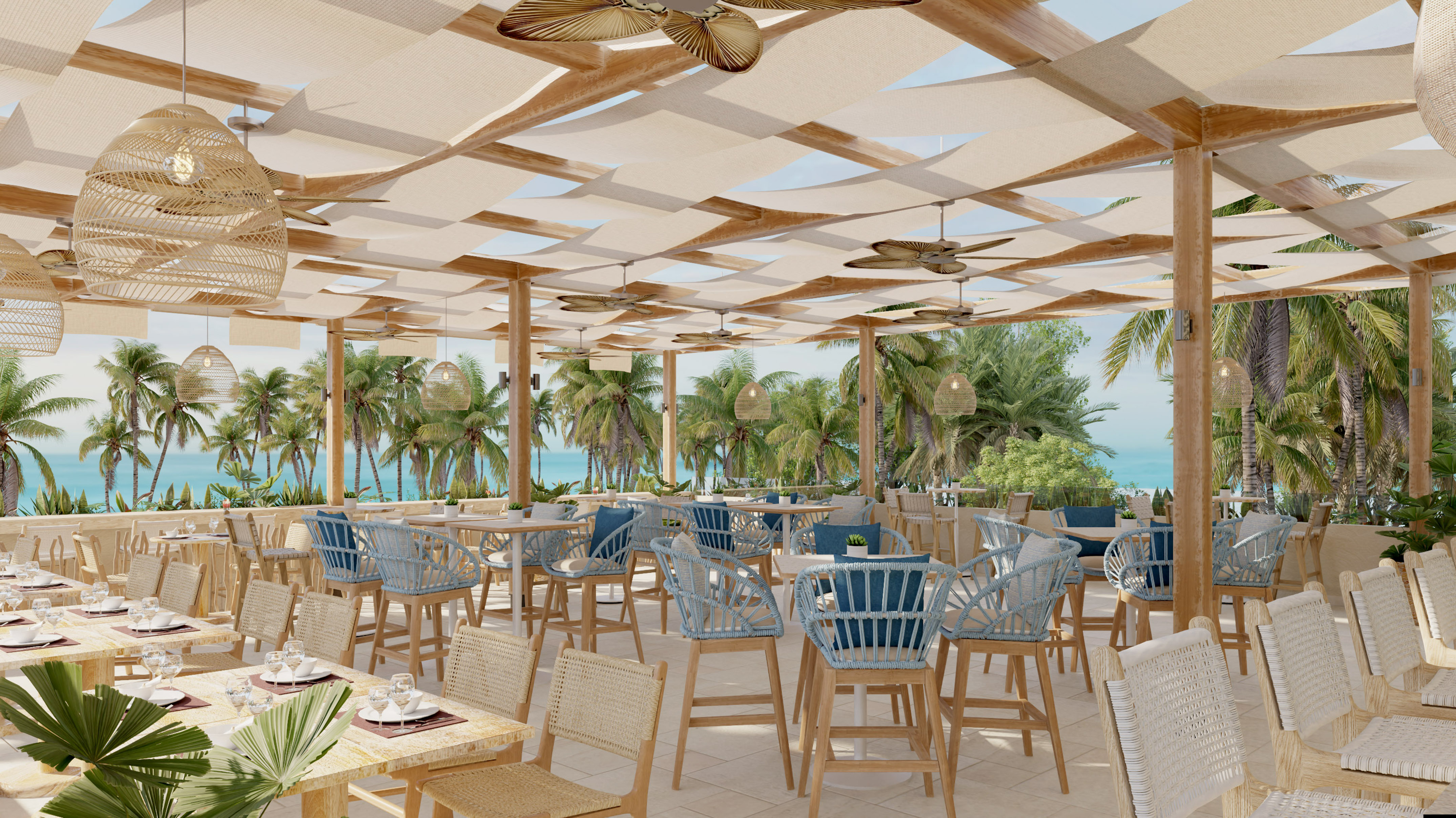 Shaded tropical restaurant patio with ocean view and palm trees.