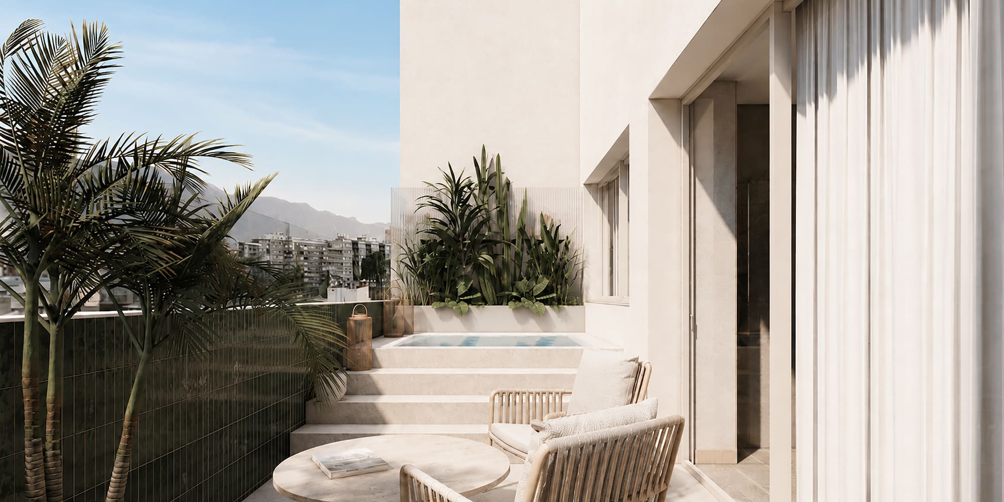 Luxury balcony with plunge pool, wicker furniture, tropical plants, mountain cityscape.