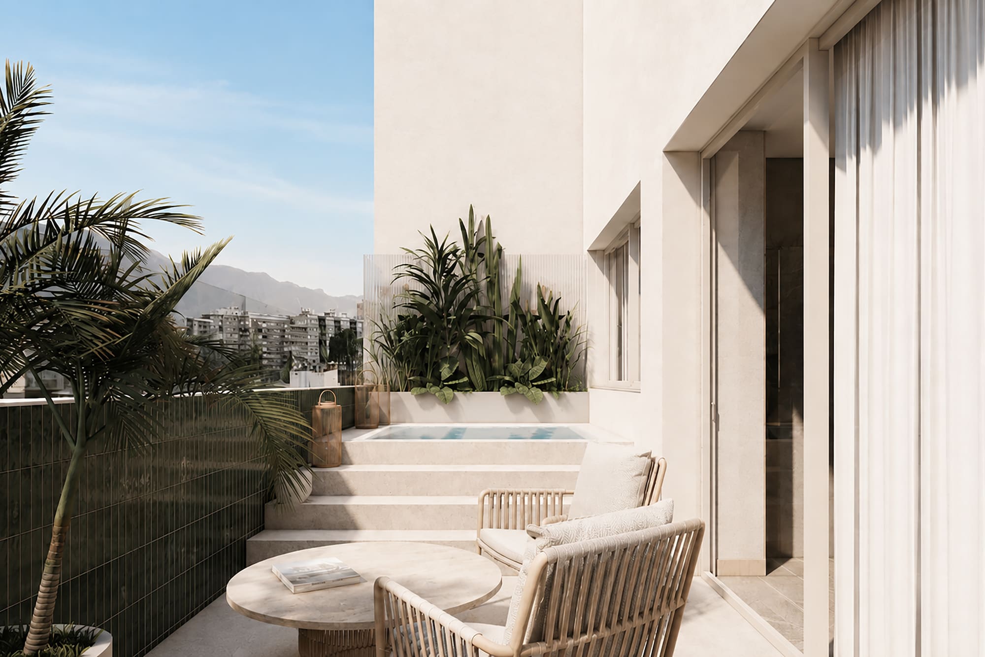 Luxury balcony with plunge pool, wicker furniture, tropical plants, mountain cityscape.
