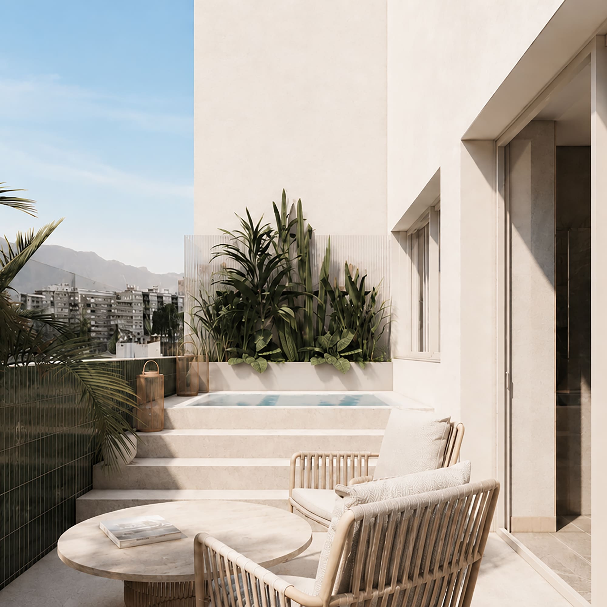 Luxury balcony with plunge pool, wicker furniture, tropical plants, mountain cityscape.