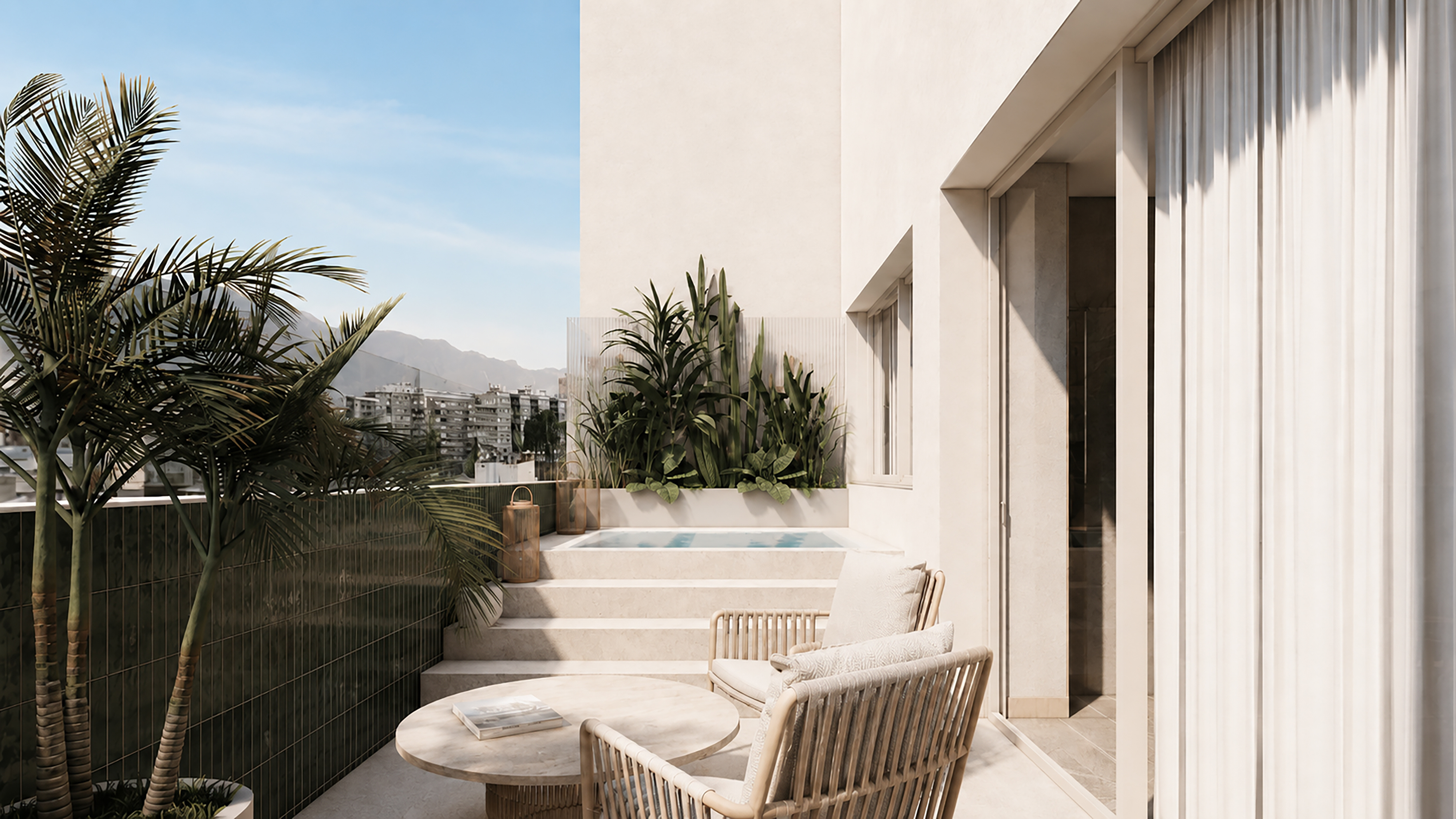 Luxury balcony with plunge pool, wicker furniture, tropical plants, mountain cityscape.