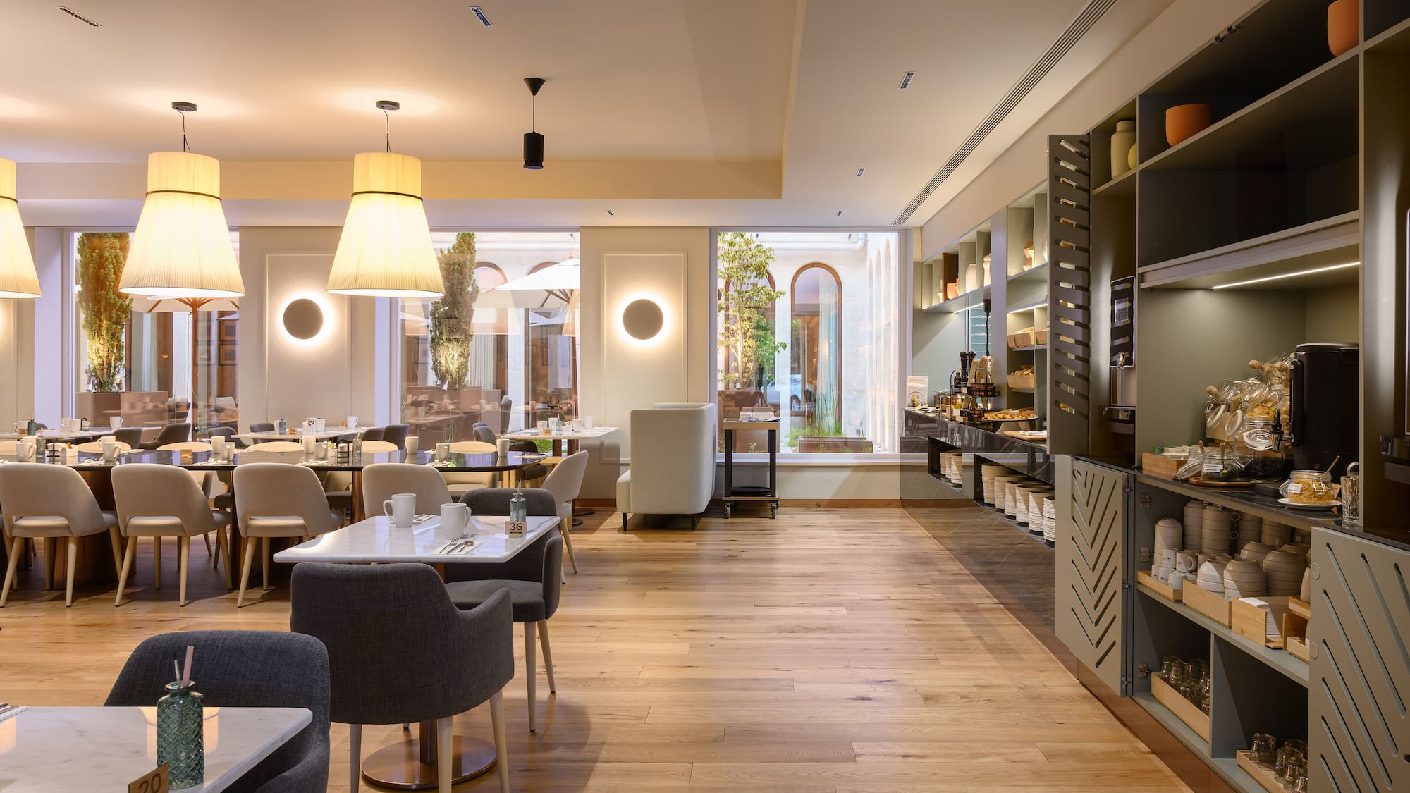 a room with tables and chairs