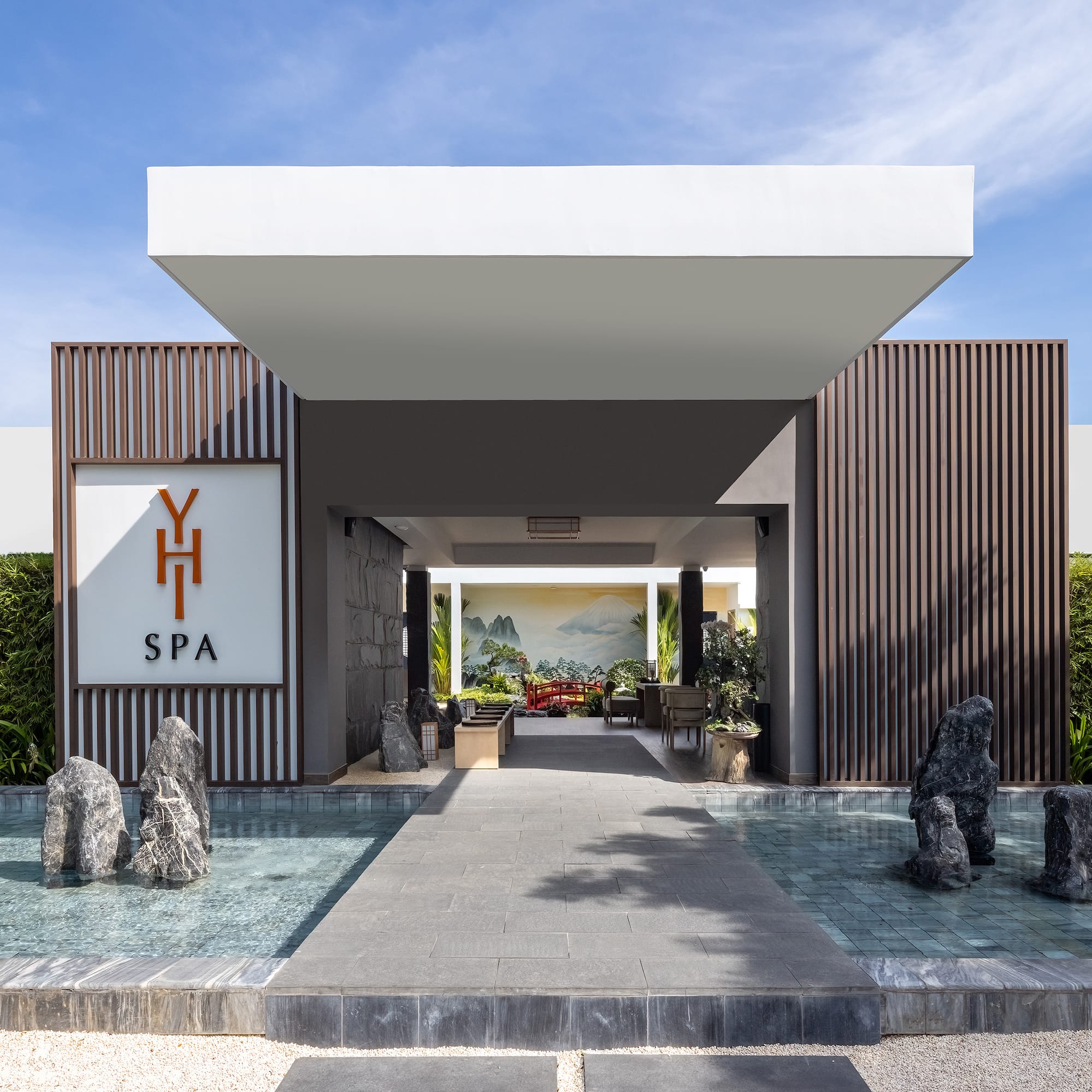 a building with a pool of water