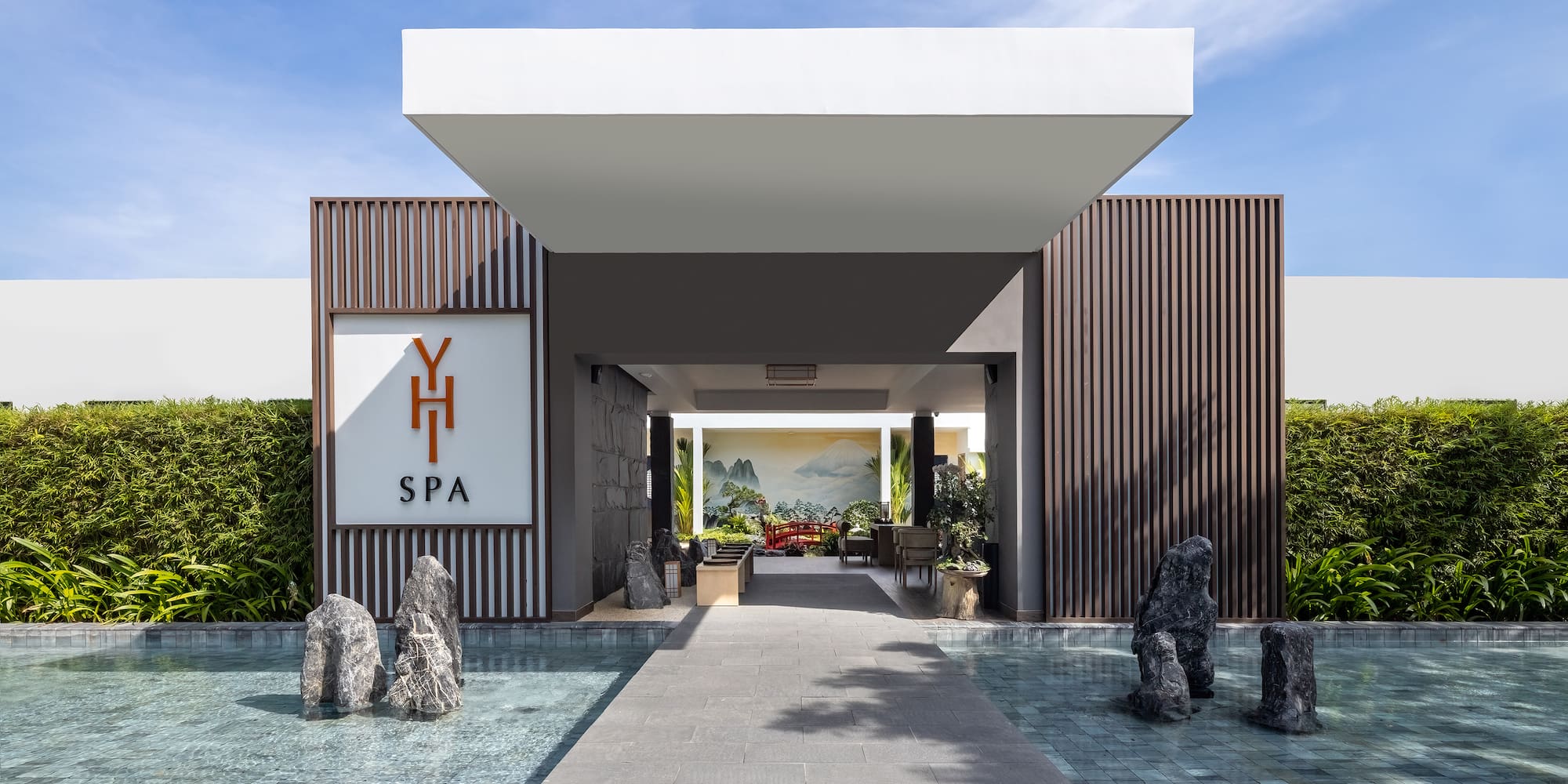 a building with a pool of water