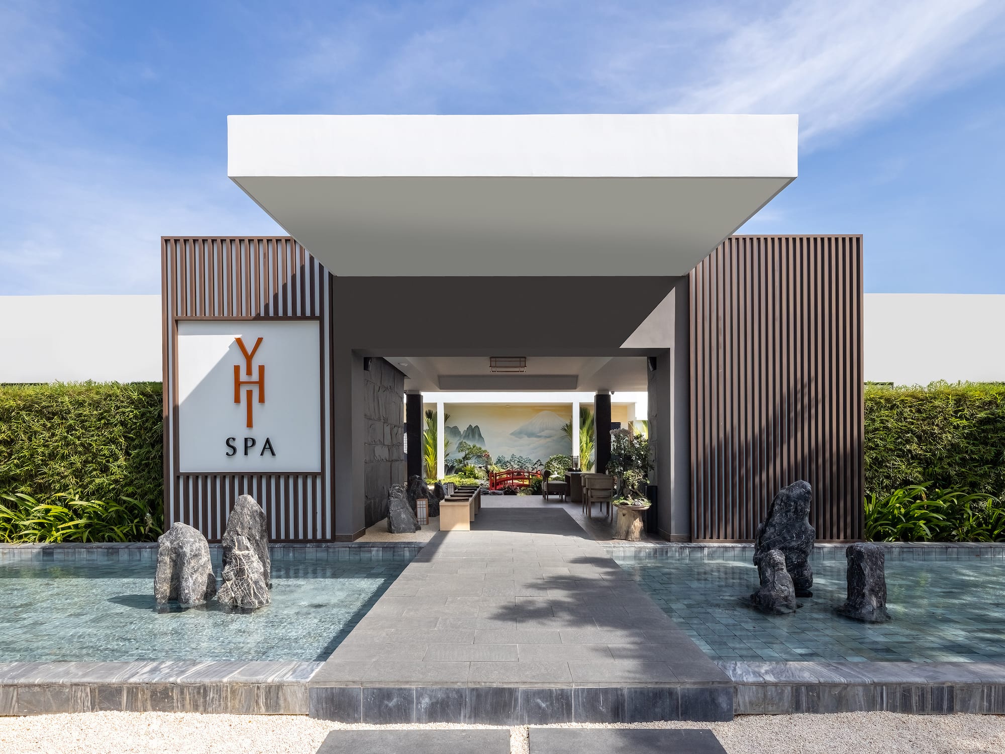 a building with a pool of water