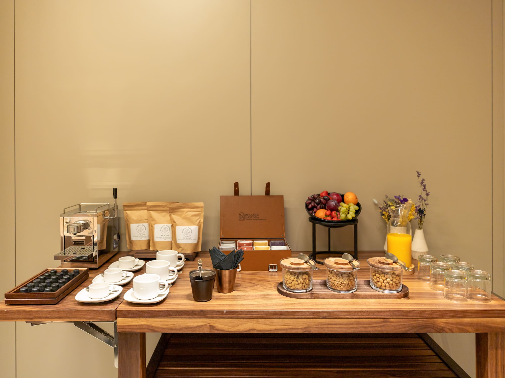 a table with coffee cups and other items on it