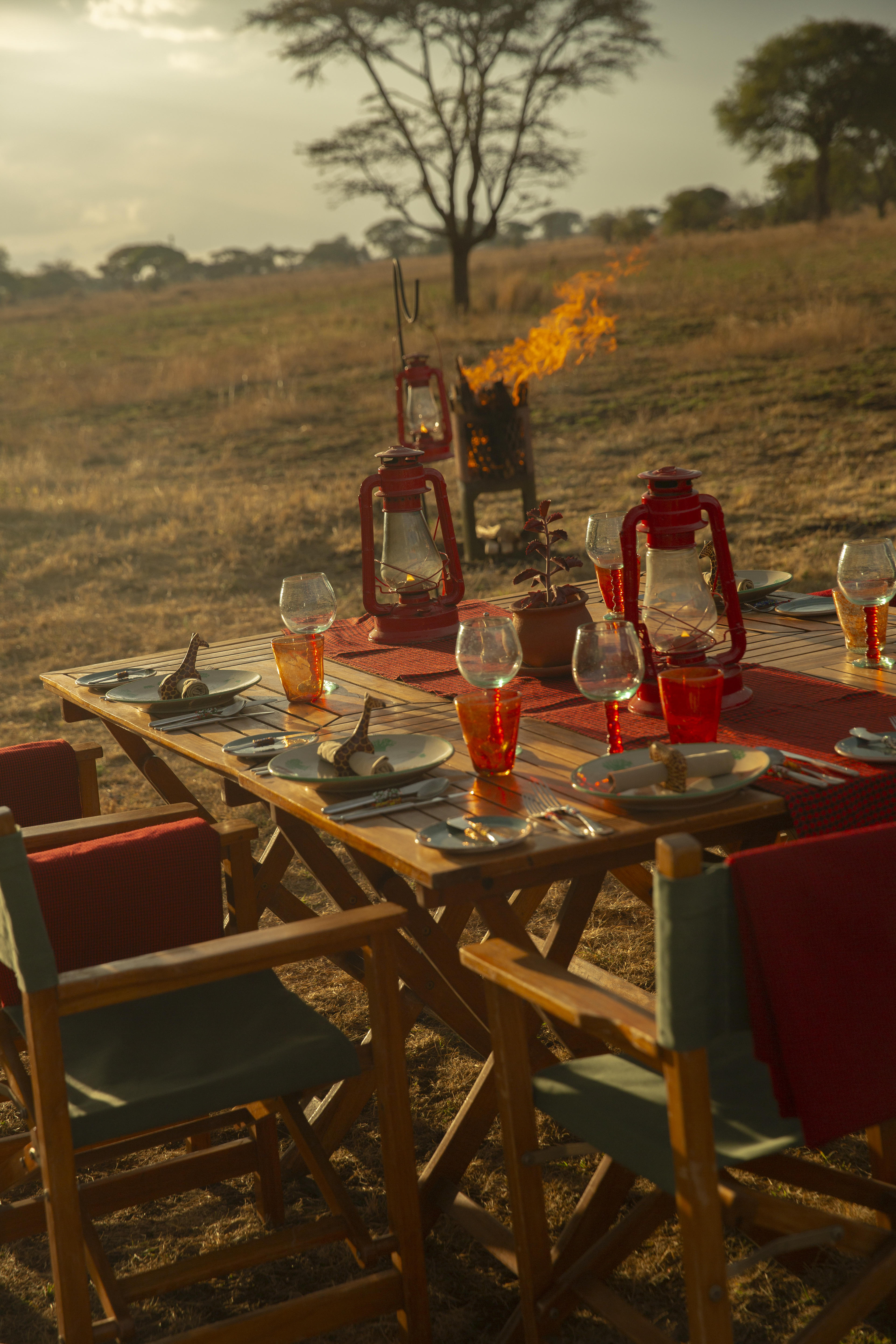 a table set for a dinner with a fire in the background