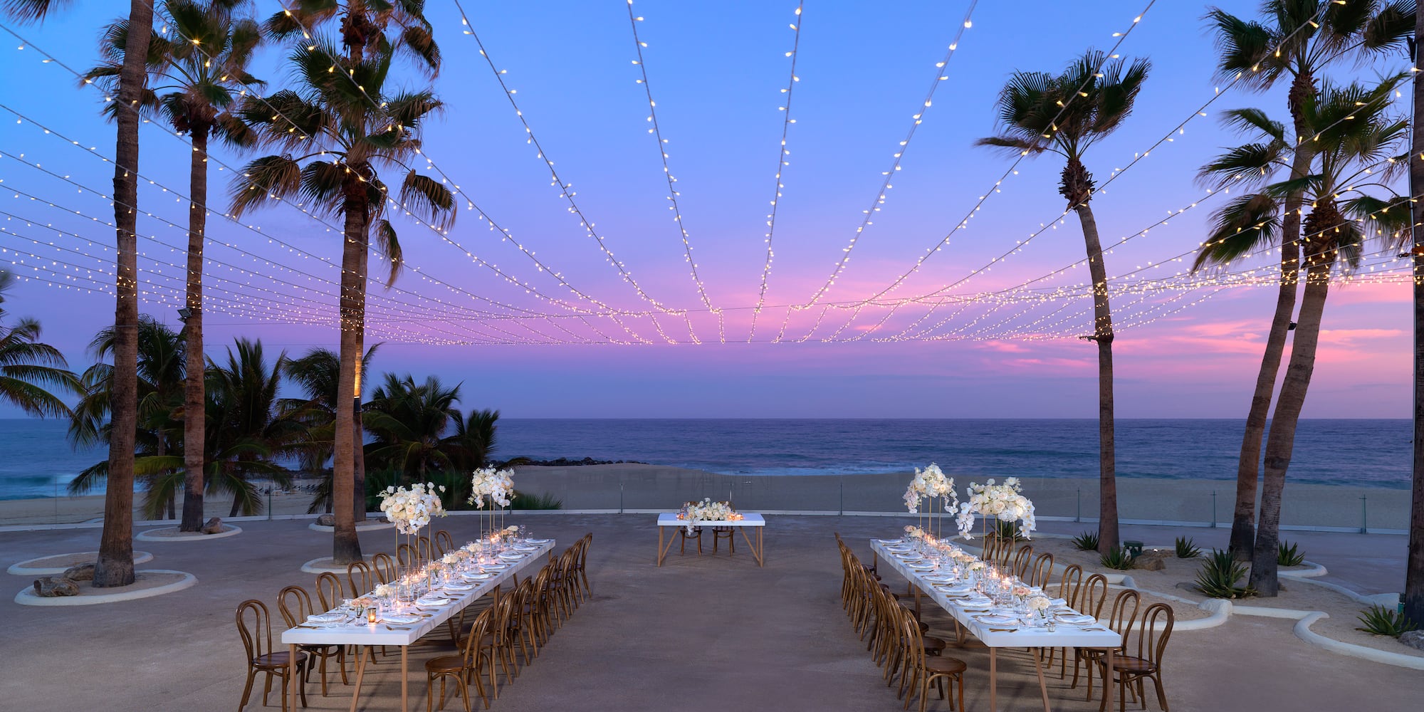 Elegant beachfront dinner setup with string lights, palm trees, and sunset ocean view. - Terraza Océano 2 - Paradisus Los Cabos - Adults Only, Los Cabos