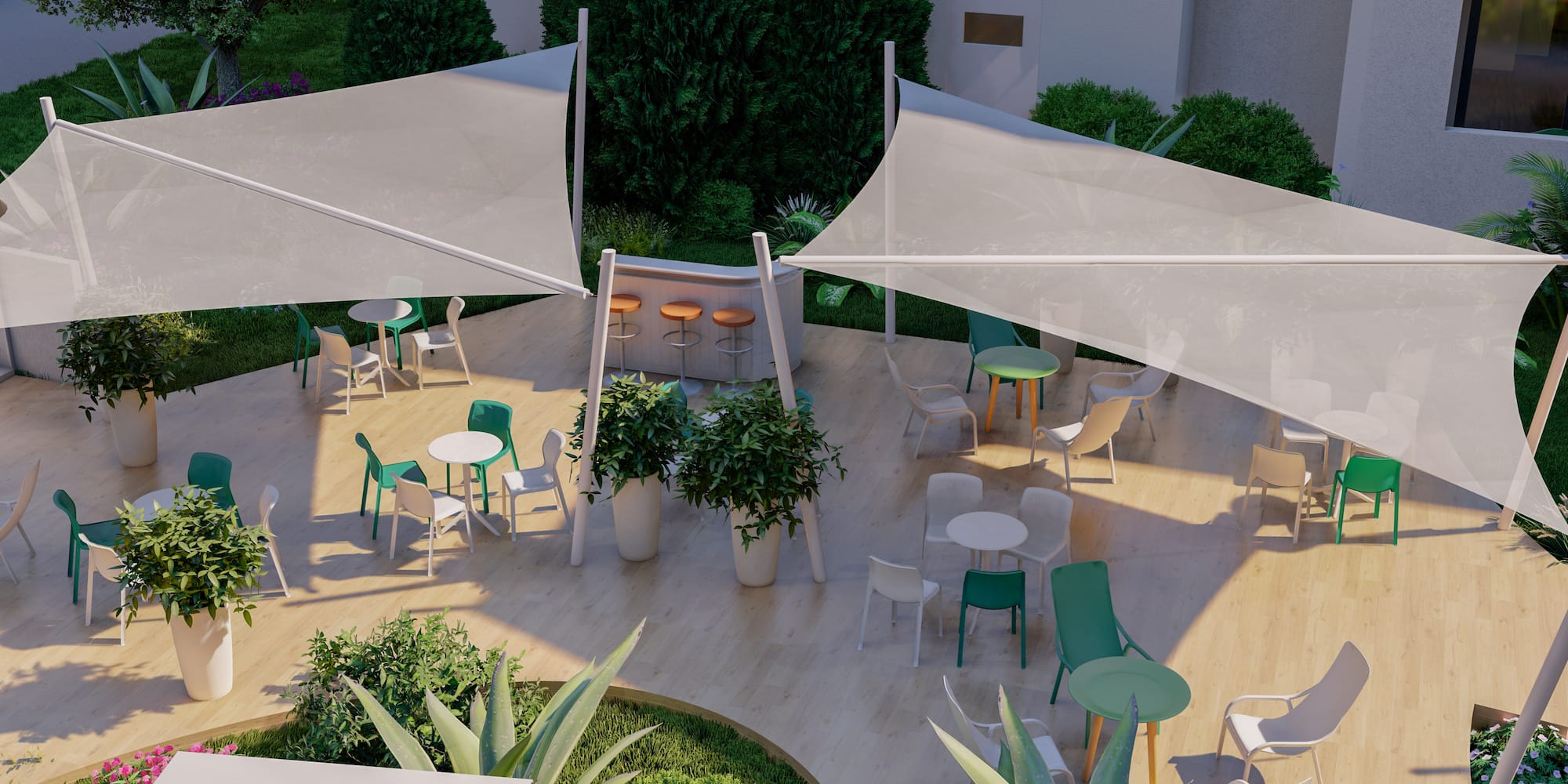 a patio with tables and chairs