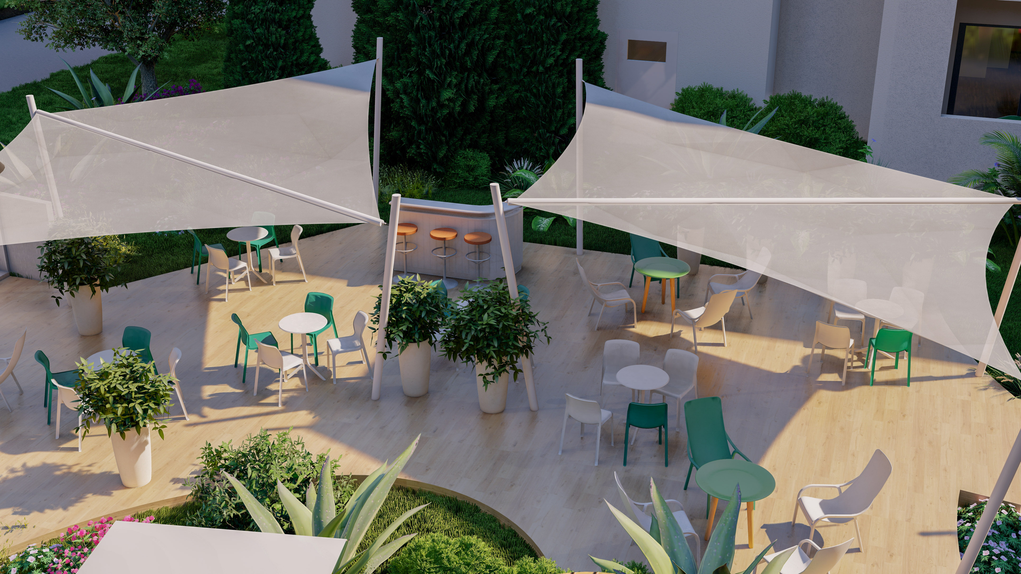 a patio with tables and chairs