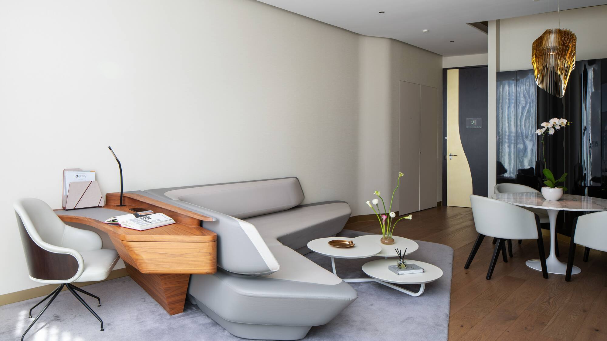 a living room with a couch and a table