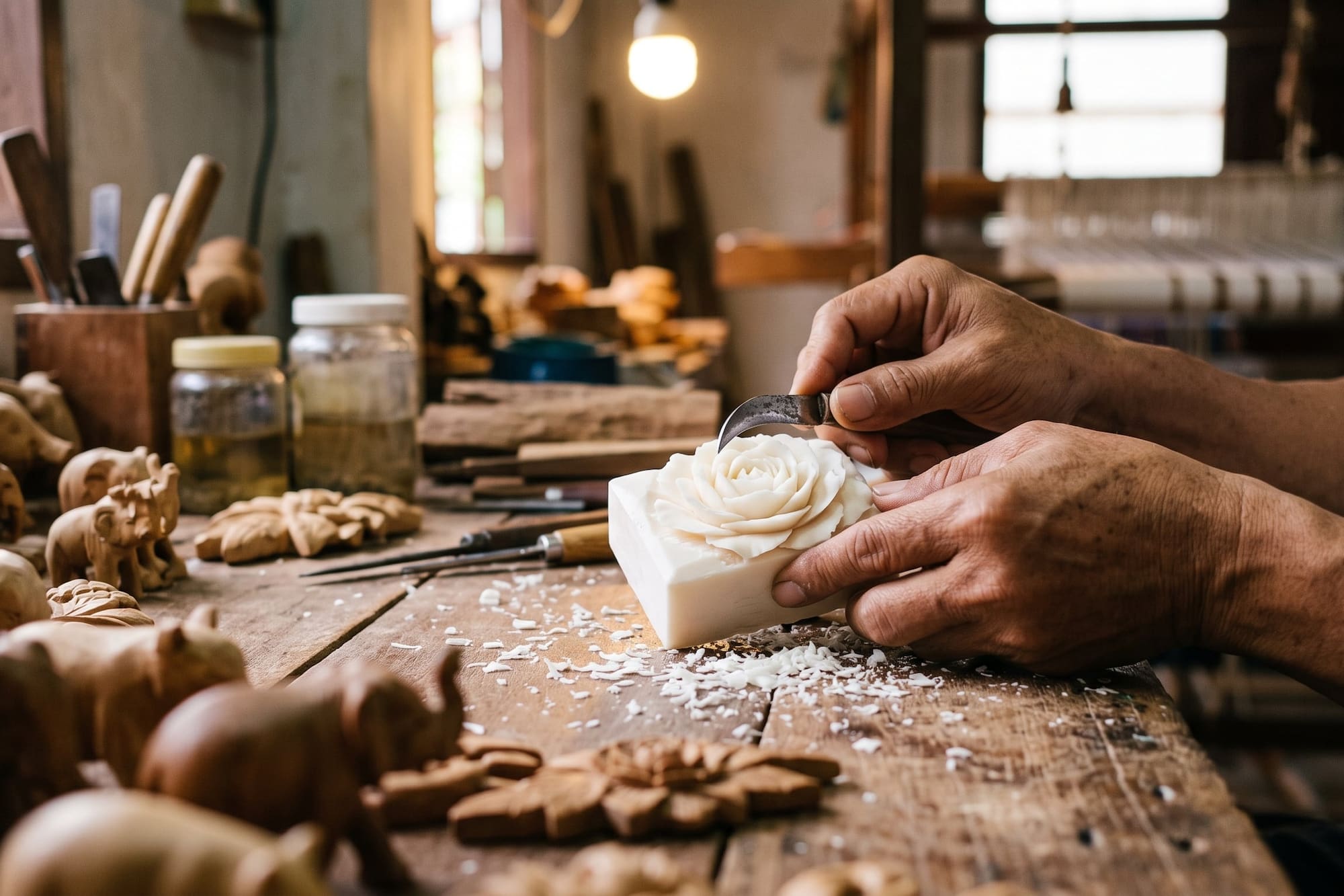 Artisan carving a rose design into soap, surrounded by handcrafted wooden figures.