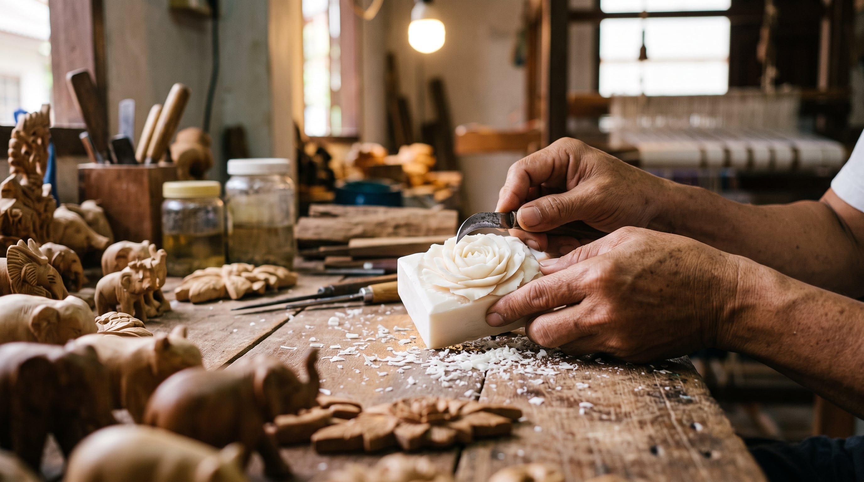 Artisan carving a rose design into soap, surrounded by handcrafted wooden figures.