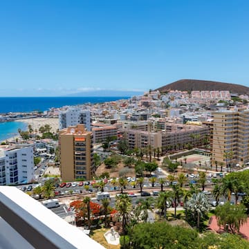 a city with a beach and trees