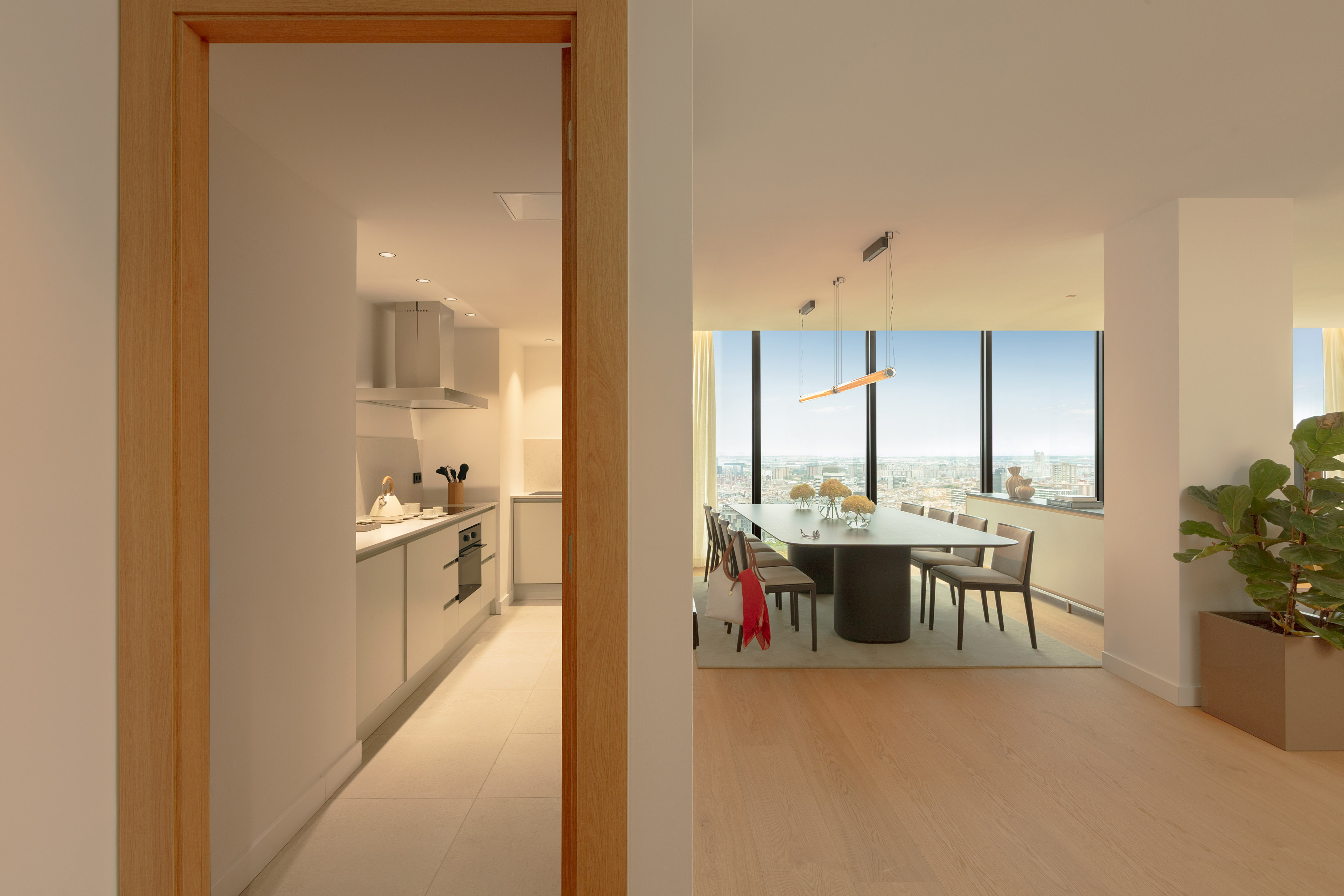 Modern high-rise apartment: open-plan dining room with city view, sleek kitchen.