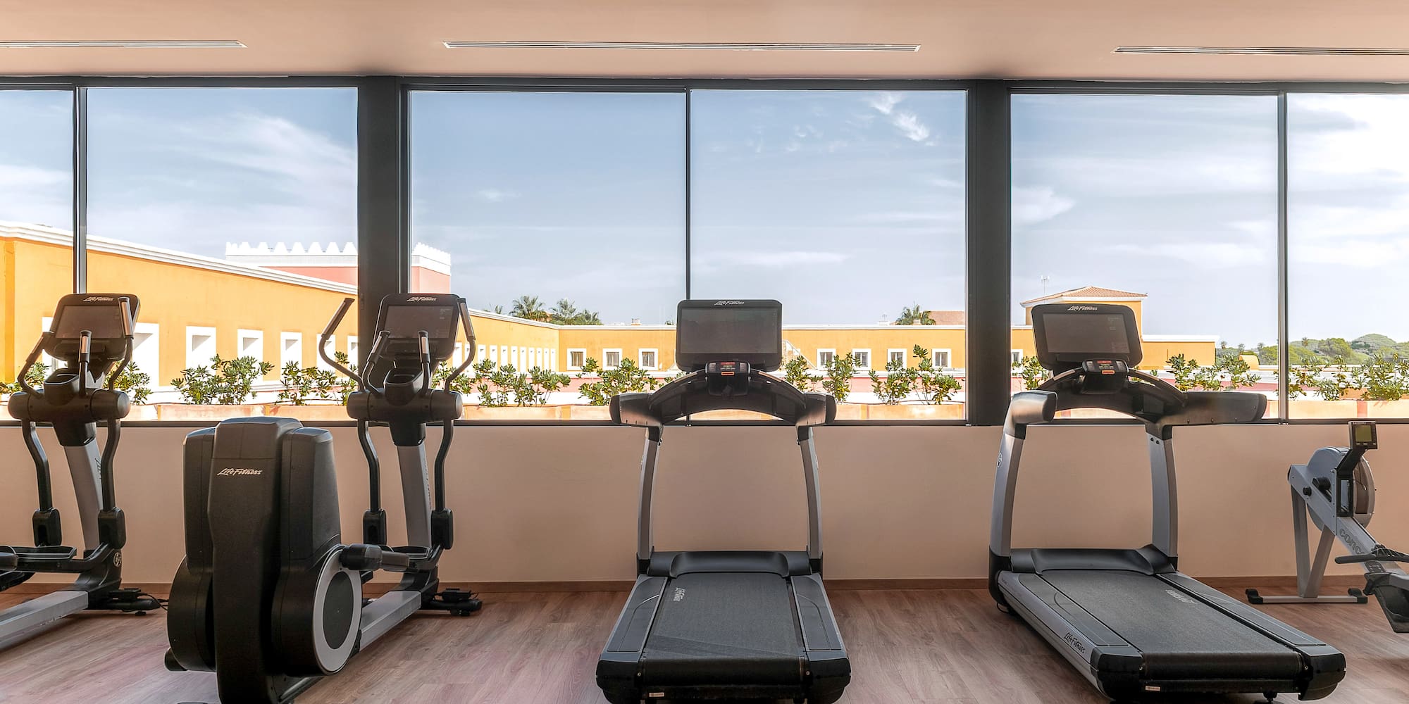 Modern resort gym with treadmills, ellipticals, and large windows.