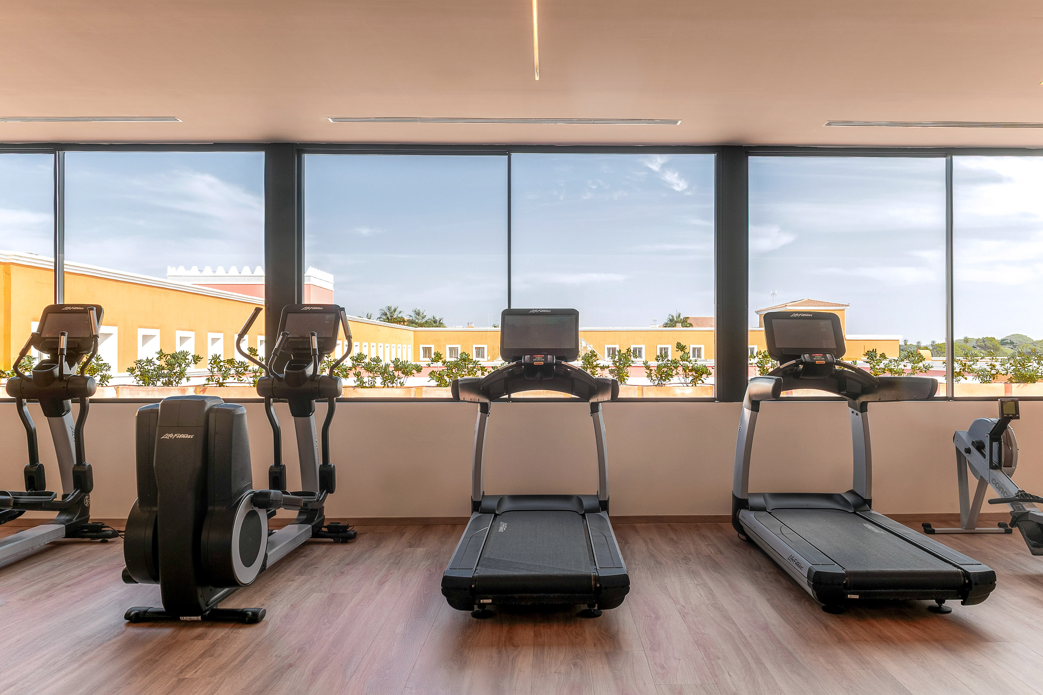 Modern resort gym with treadmills, ellipticals, and large windows.
