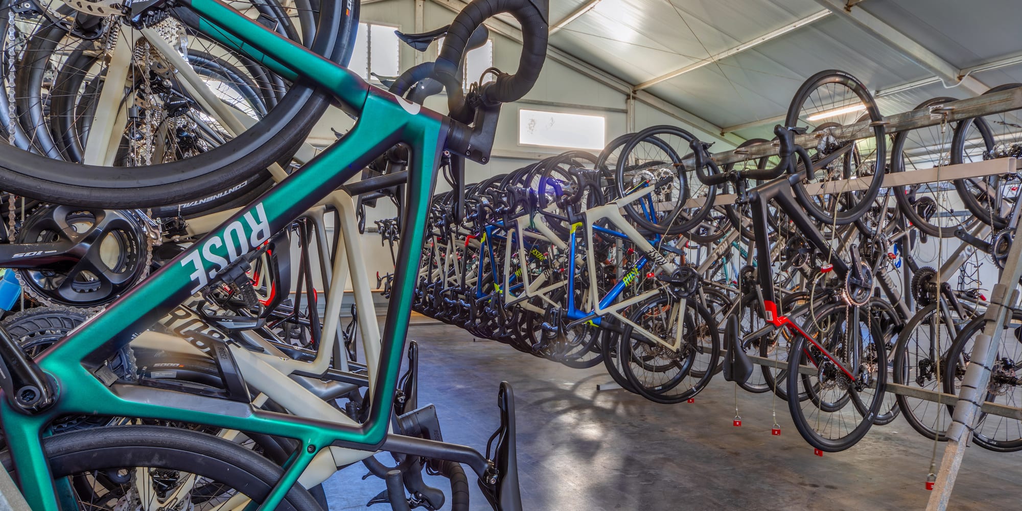 a group of bicycles in a garage