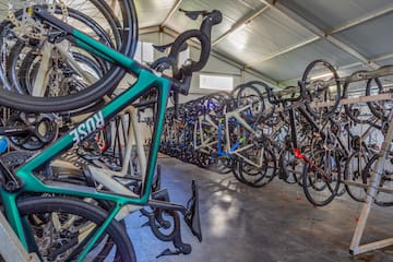 a group of bicycles in a garage