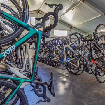 a group of bicycles in a garage