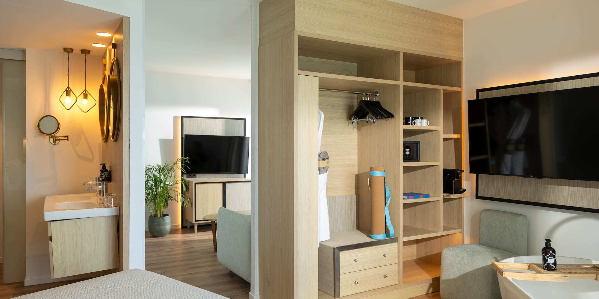 a room with a tv and a closet