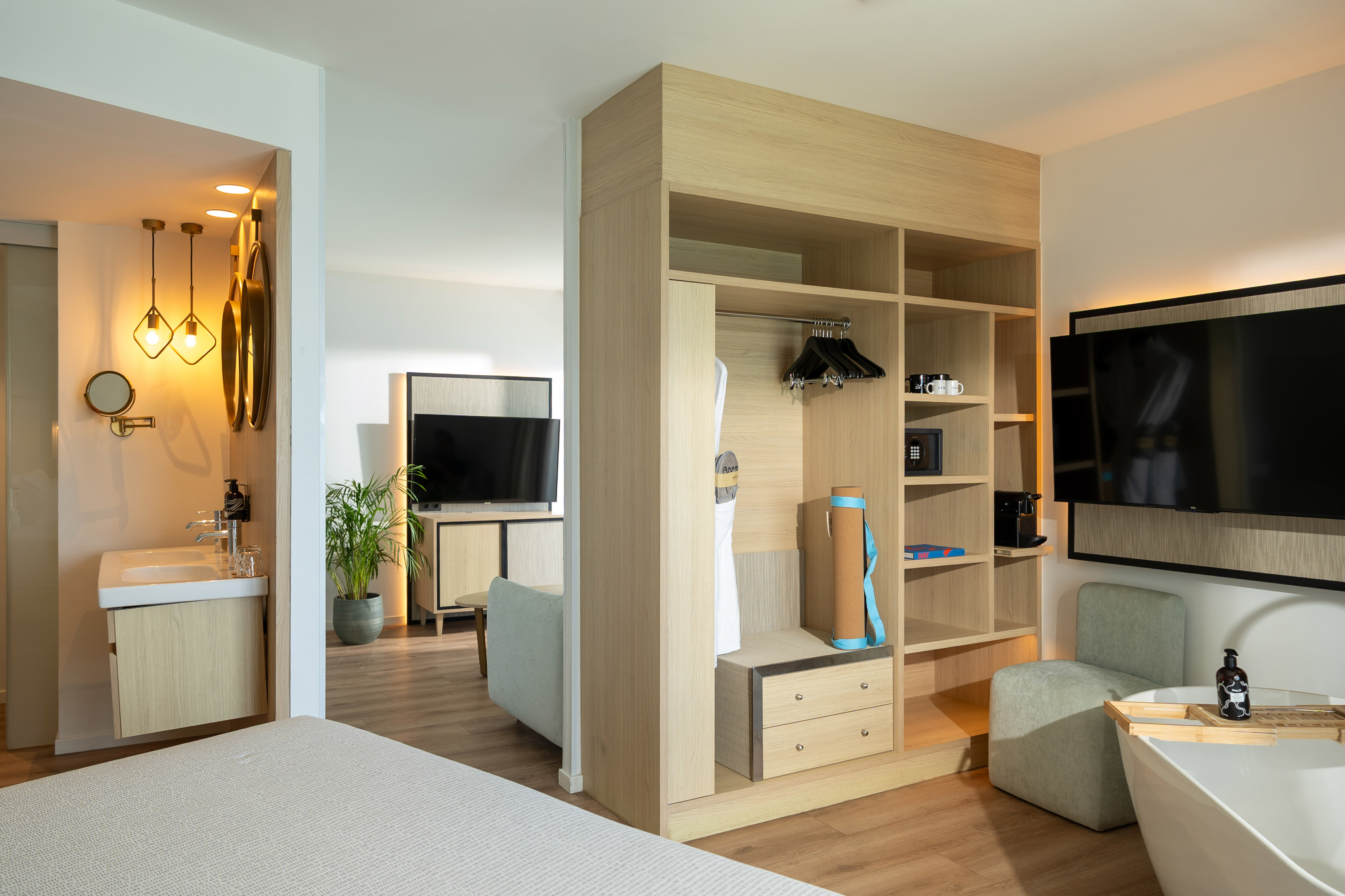 a room with a tv and a closet