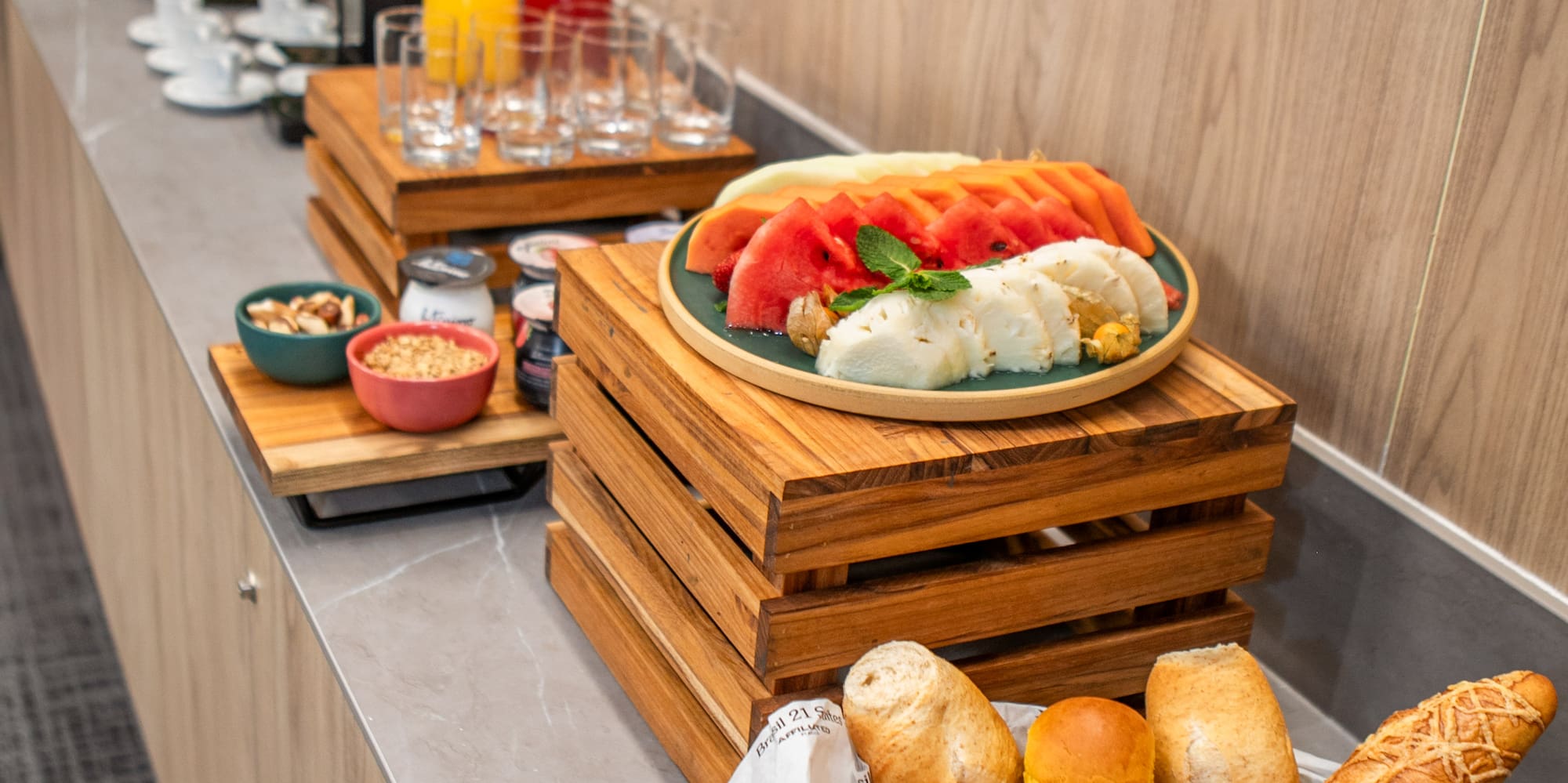 food on a counter with a variety of food on it
