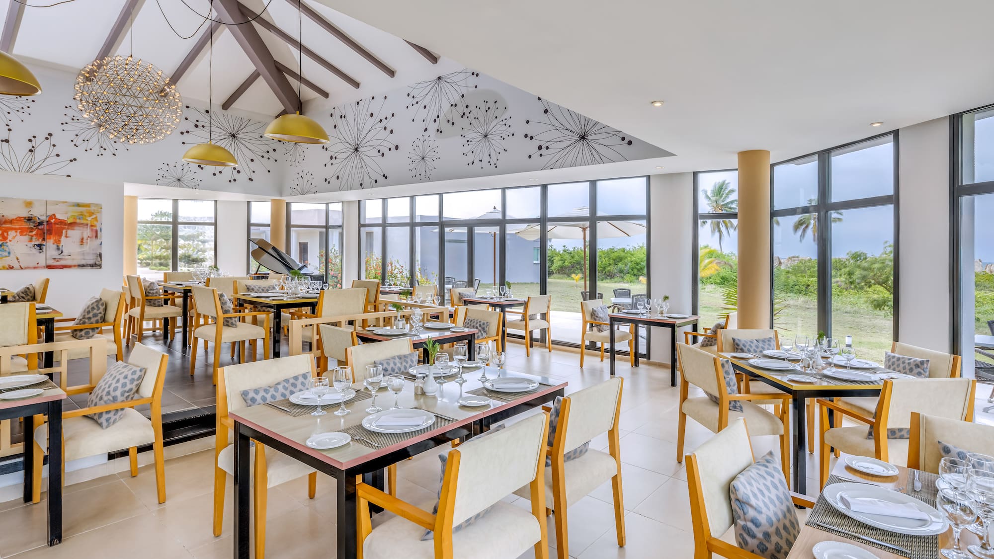 a room with tables and chairs