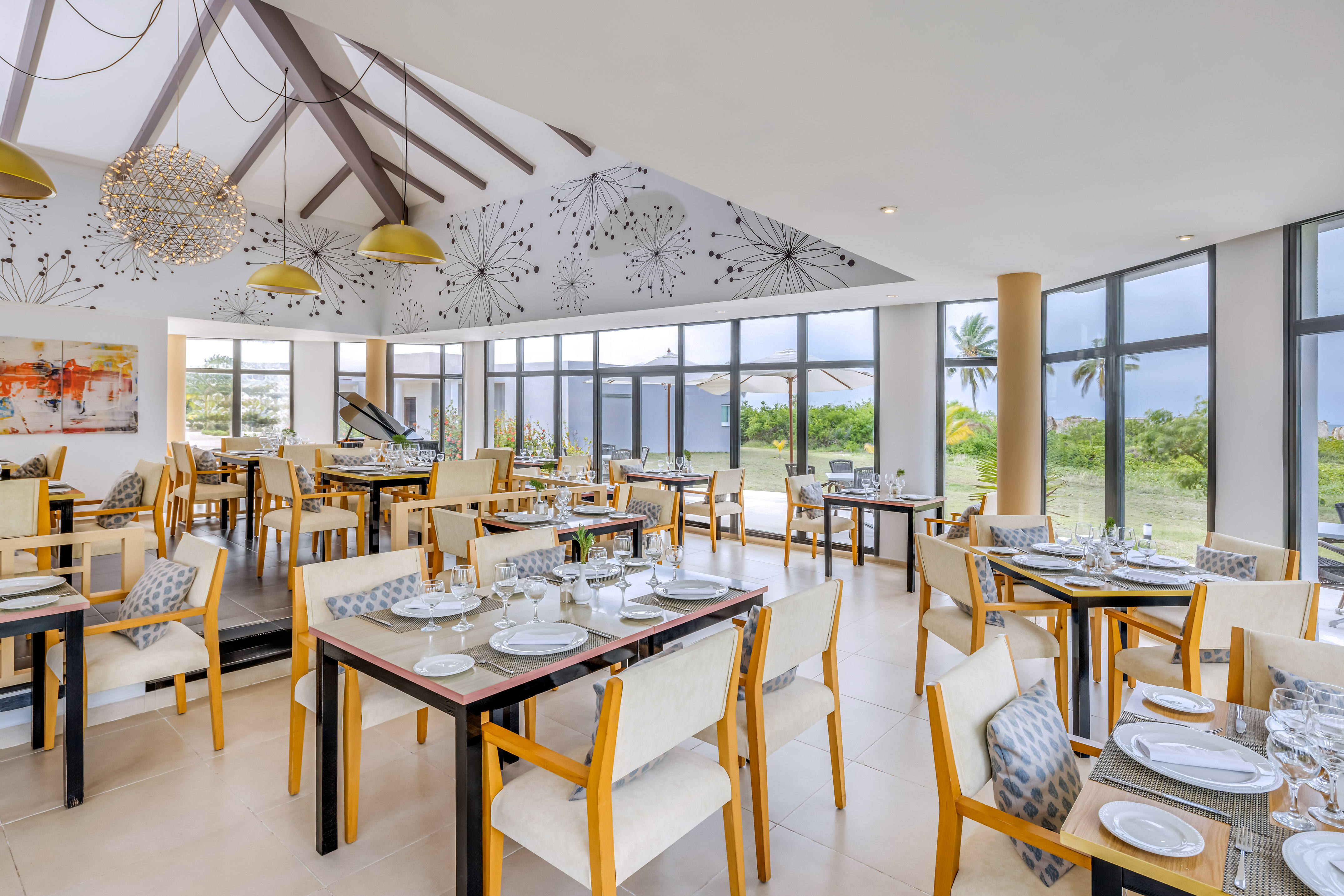 a room with tables and chairs