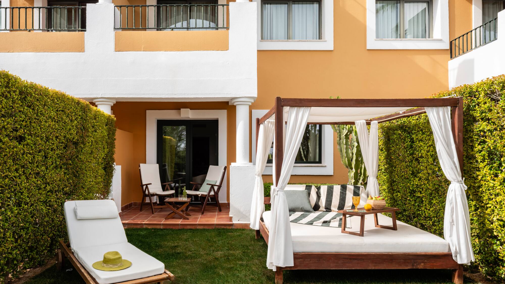 a bed outside of a building