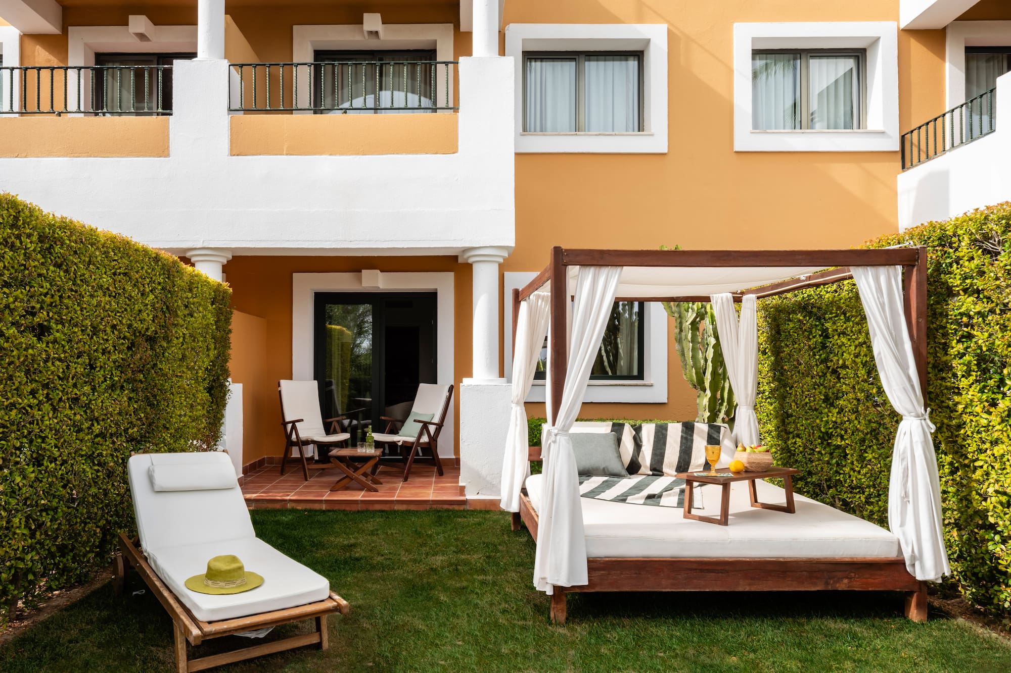 a bed outside of a building