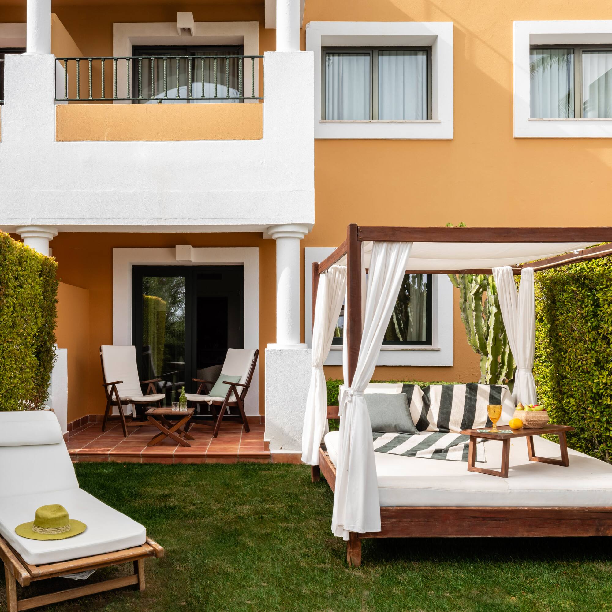 a bed outside of a building