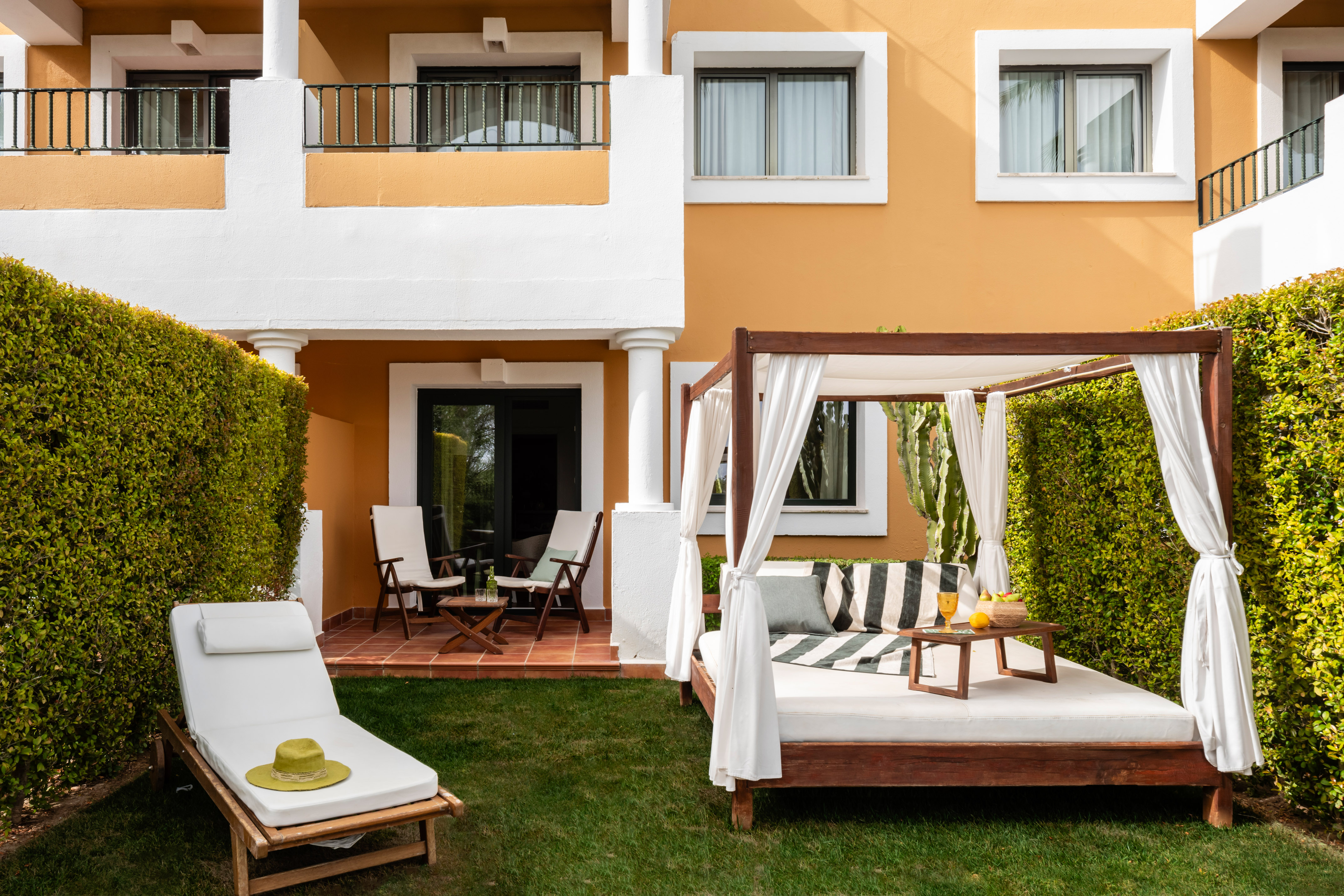 a bed outside of a building