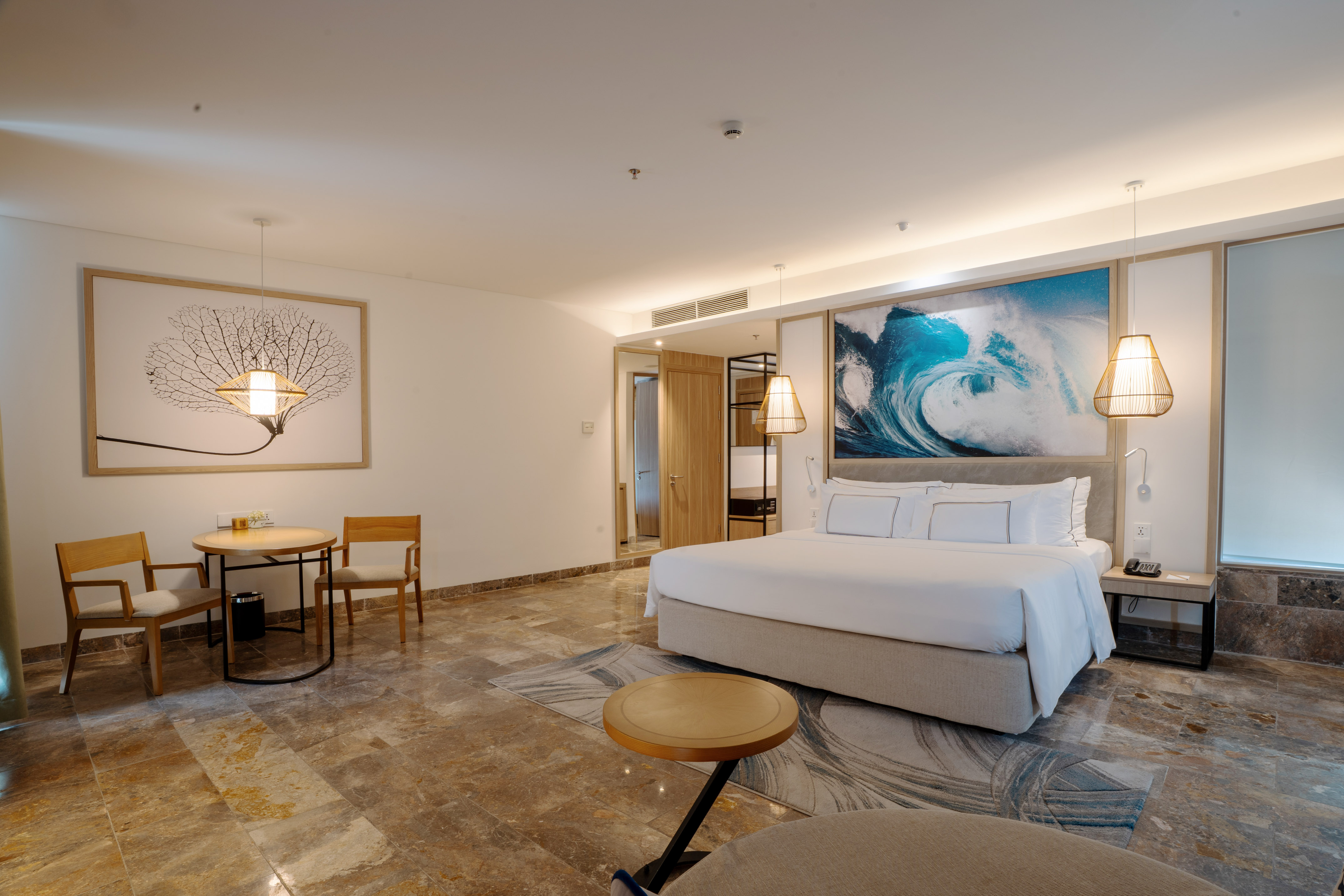 a room with a bed and a table