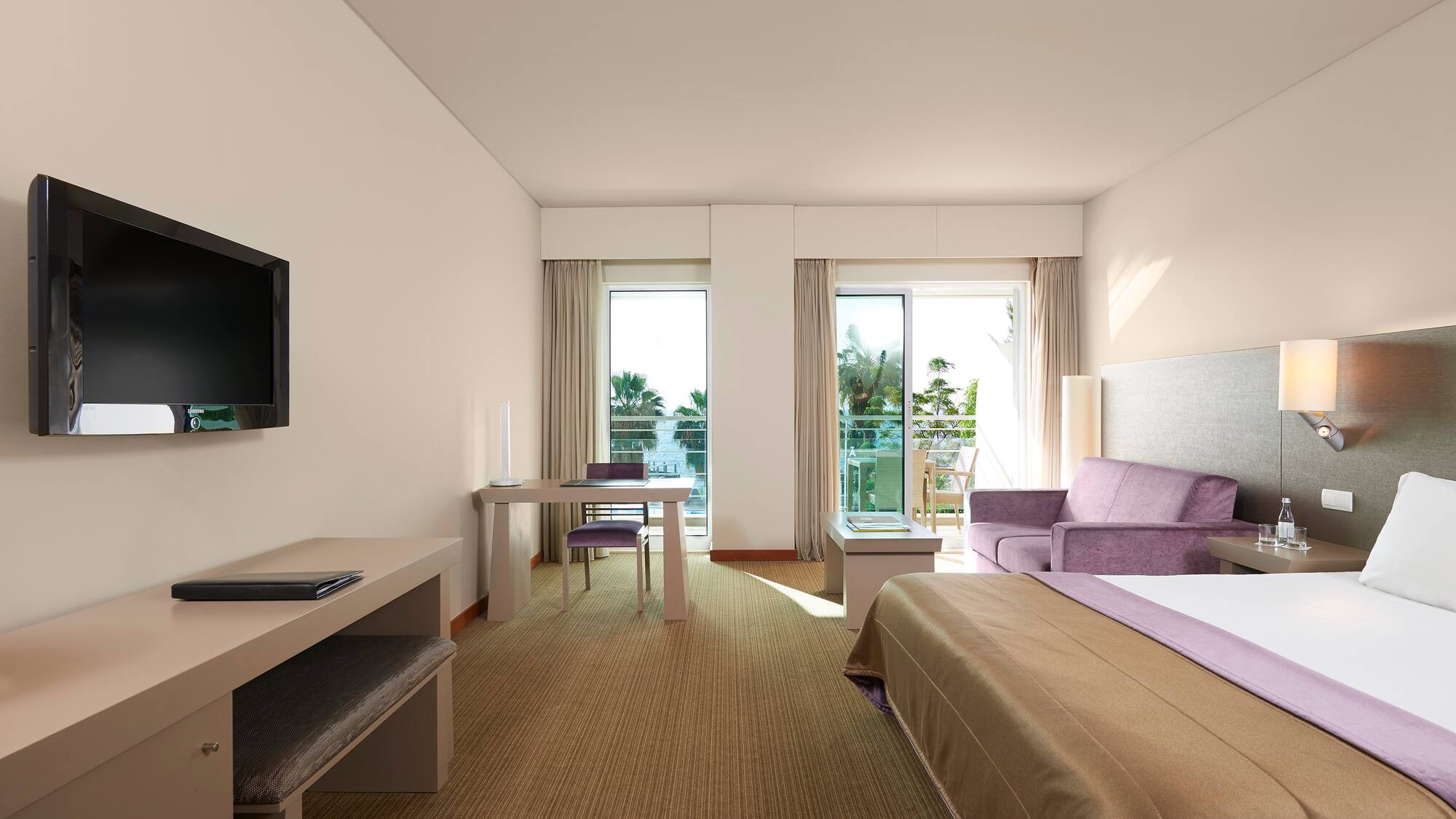 a room with a bed and a television