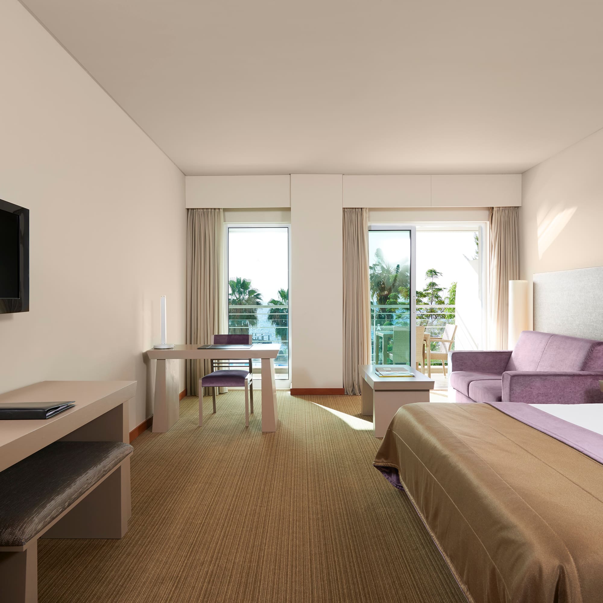 a room with a bed and a television